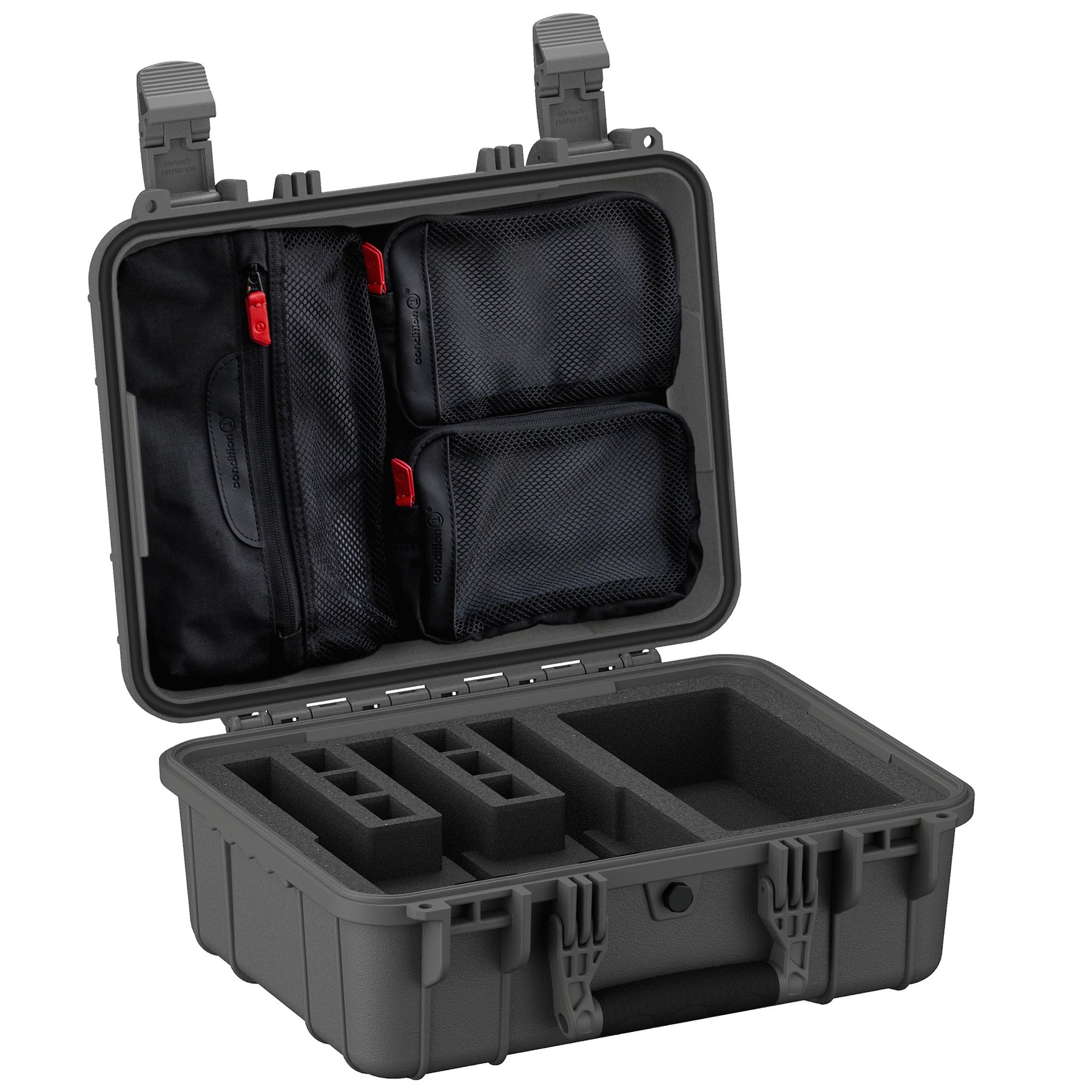 Durable 16-inch pistol case with customizable foam interior and mesh pockets for secure storage and transport.