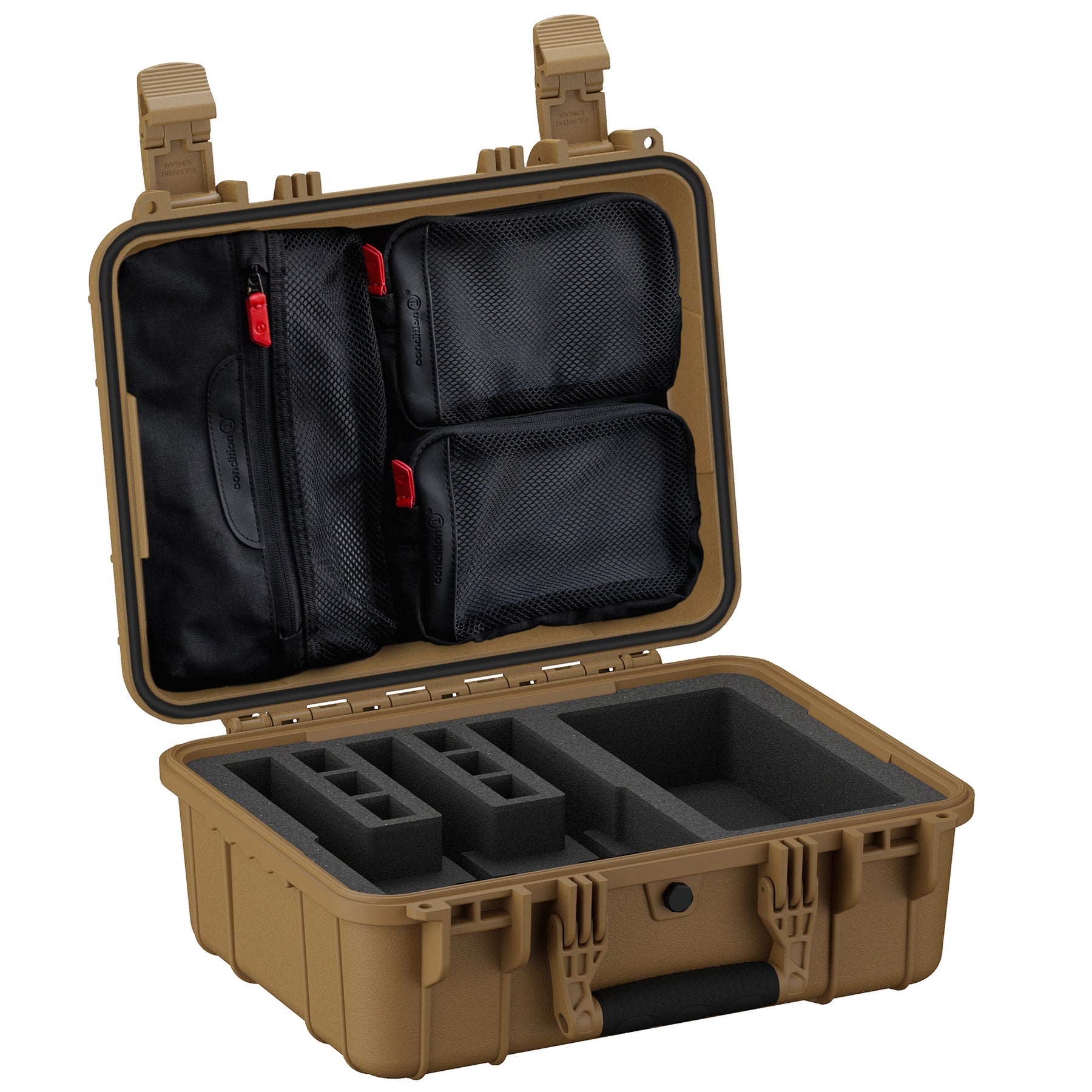 16-inch hard case for three pistols featuring customizable foam inserts and mesh pockets for accessories.