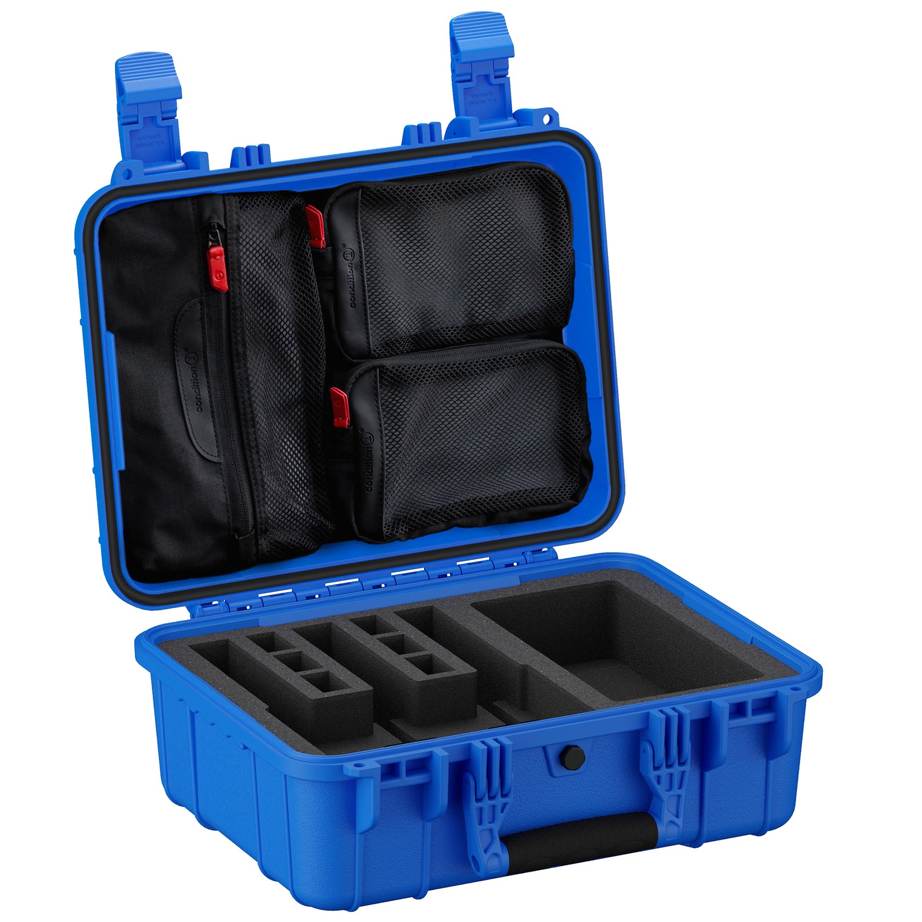 Durable 16-inch blue pistol case with foam inserts and mesh pockets for secure storage and transport of three firearms.