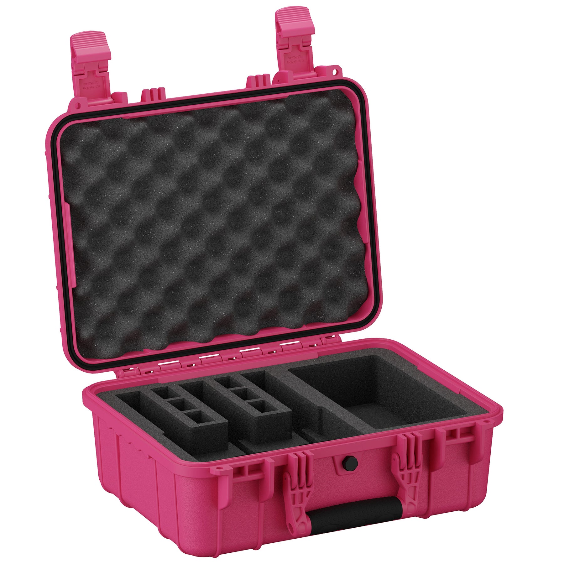Durable 16-inch pink pistol case with foam interior, designed for secure storage and transport of three pistols.