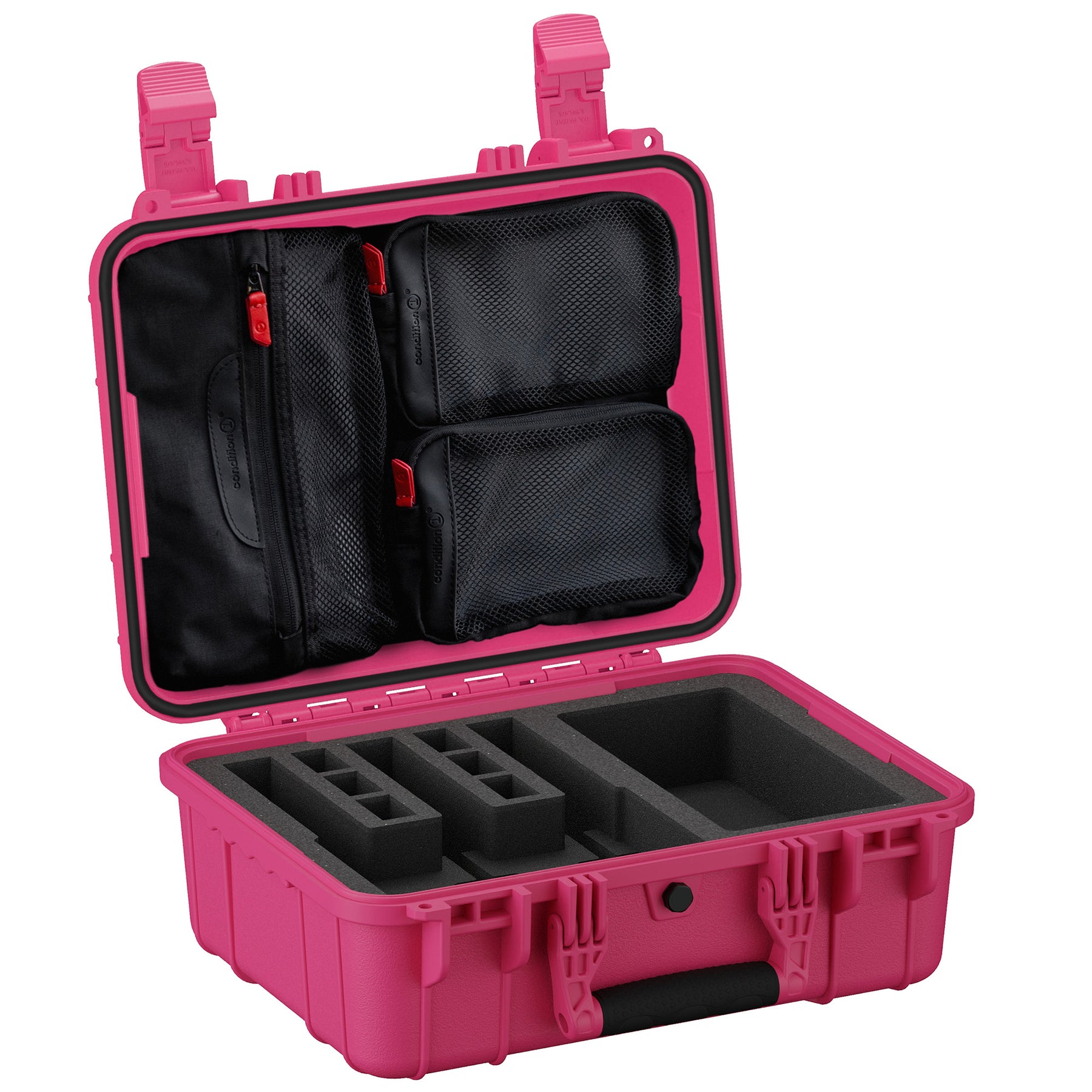 16-inch pink hard case designed for transporting three pistols, featuring customizable foam inserts and storage compartments.