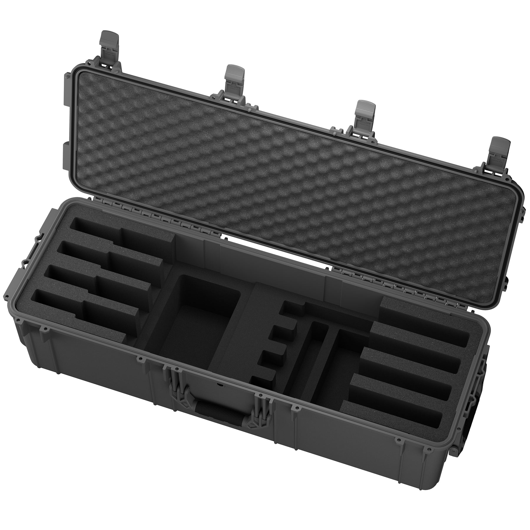 Durable 45-inch hard case designed for transporting up to four rifles, featuring customizable foam interior for secure storage.