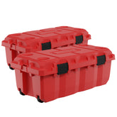 Two red 38-inch Sportsman Trunks stacked on top of each other, featuring robust handles and black wheels for easy mobility.