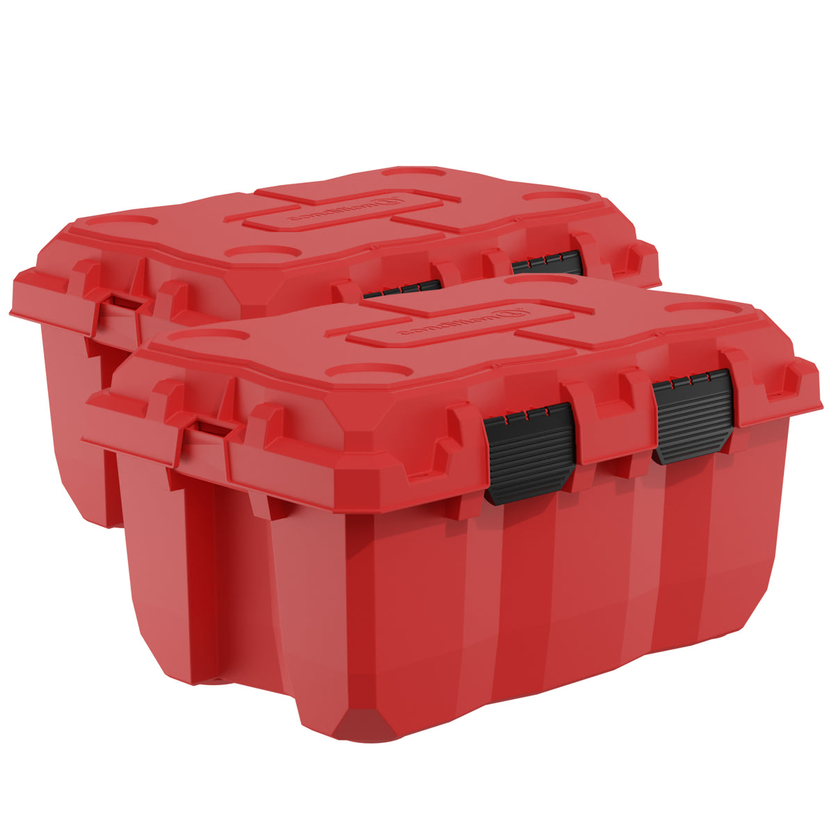 Two red 28-inch Sportsman Trunks with black handles and durable latches, stacked together.