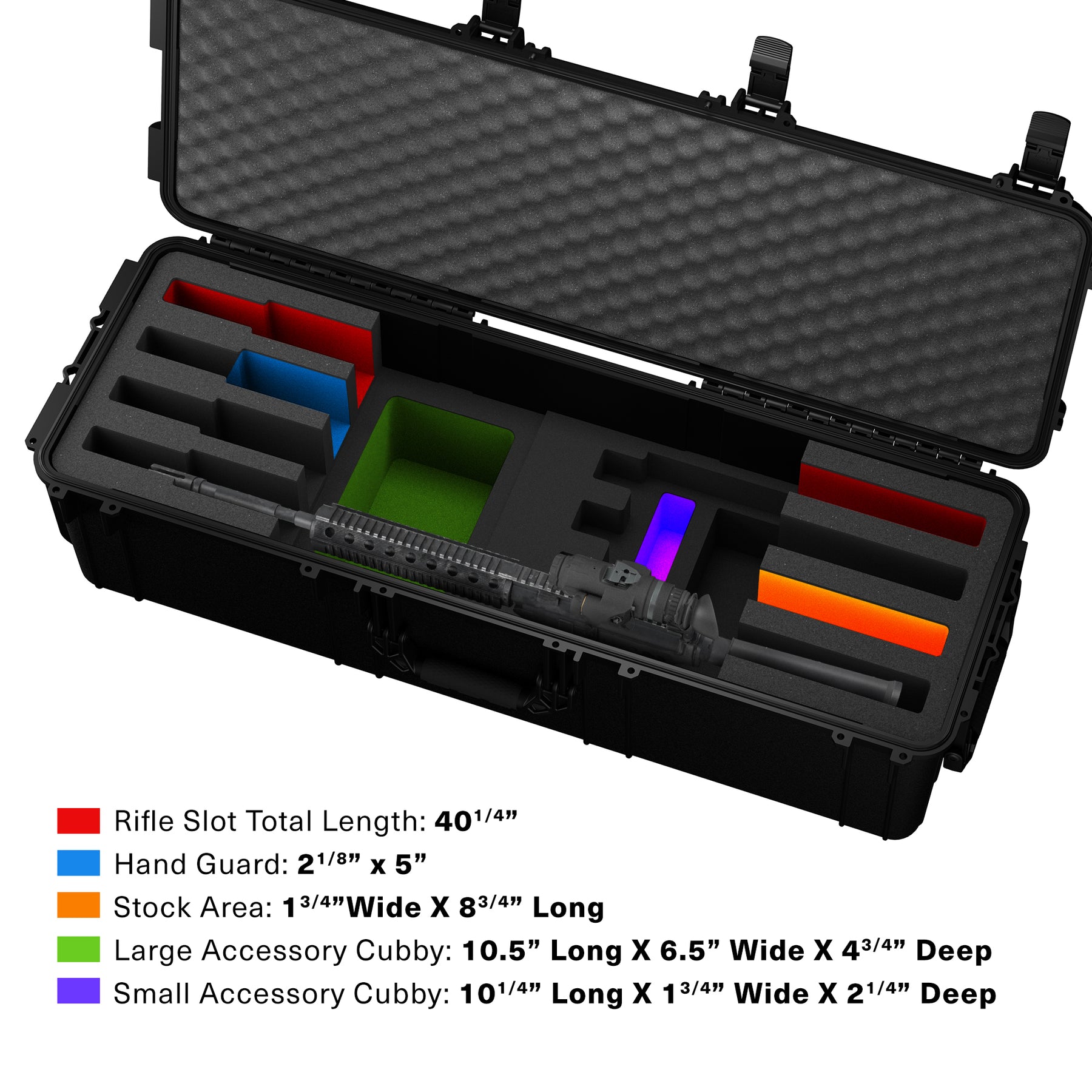 Durable 45-inch hard case designed for four rifles, featuring customizable foam and multiple accessory compartments.