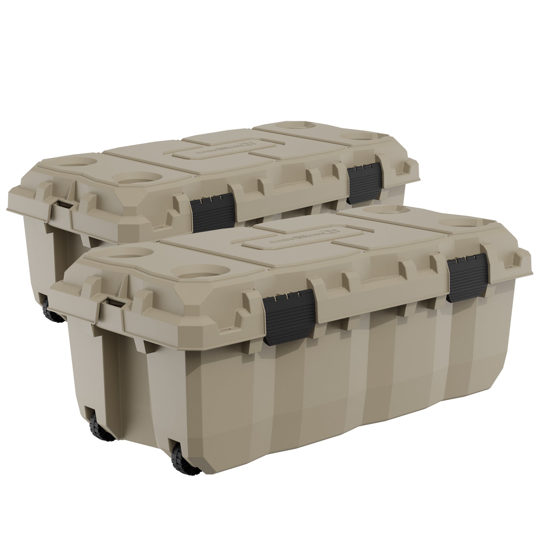 Alt text: "Two beige 38-inch Sportsman Trunks with black handles and wheels, designed for durable and portable storage."