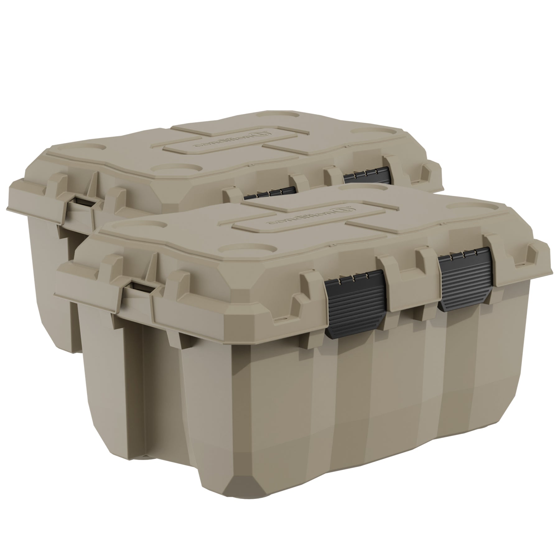 Two khaki 28-inch Sportsman Trunks with sturdy black handles and secure latches stacked on each other, ideal for storage and transport needs.