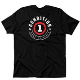 Black T-shirt with "Condition 1 Made in Texas" graphic, featuring a red circle and white text, emphasizing Texas pride.