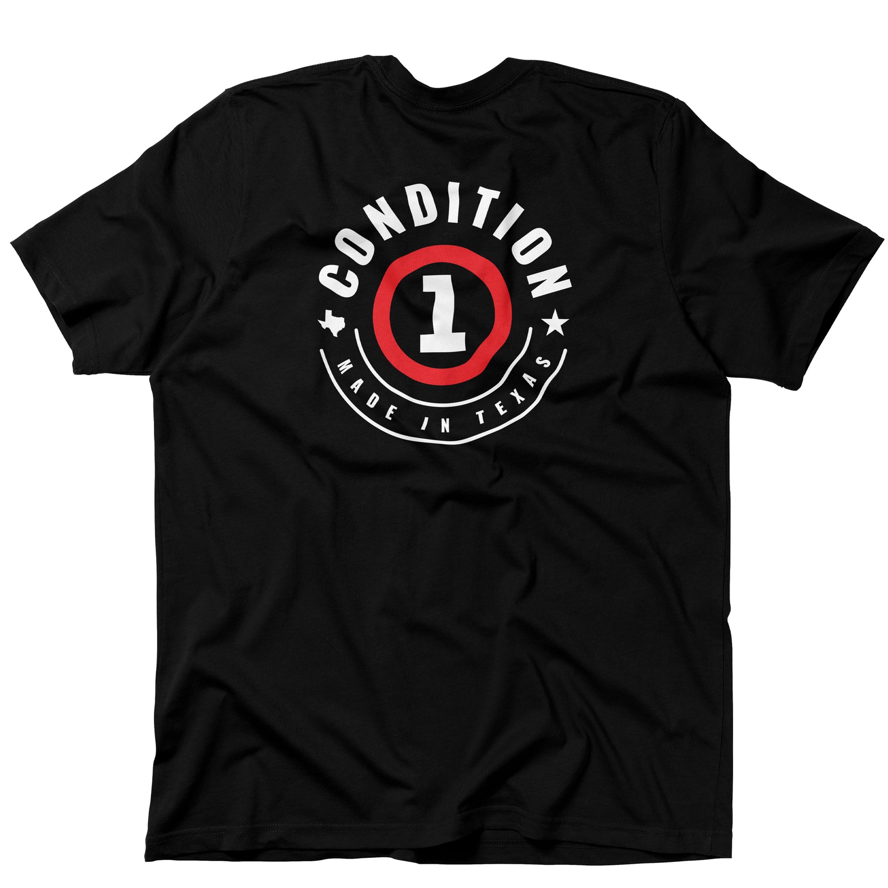 Black T-shirt with "Condition 1 Made in Texas" graphic, featuring a red circle and white text, emphasizing Texas pride.