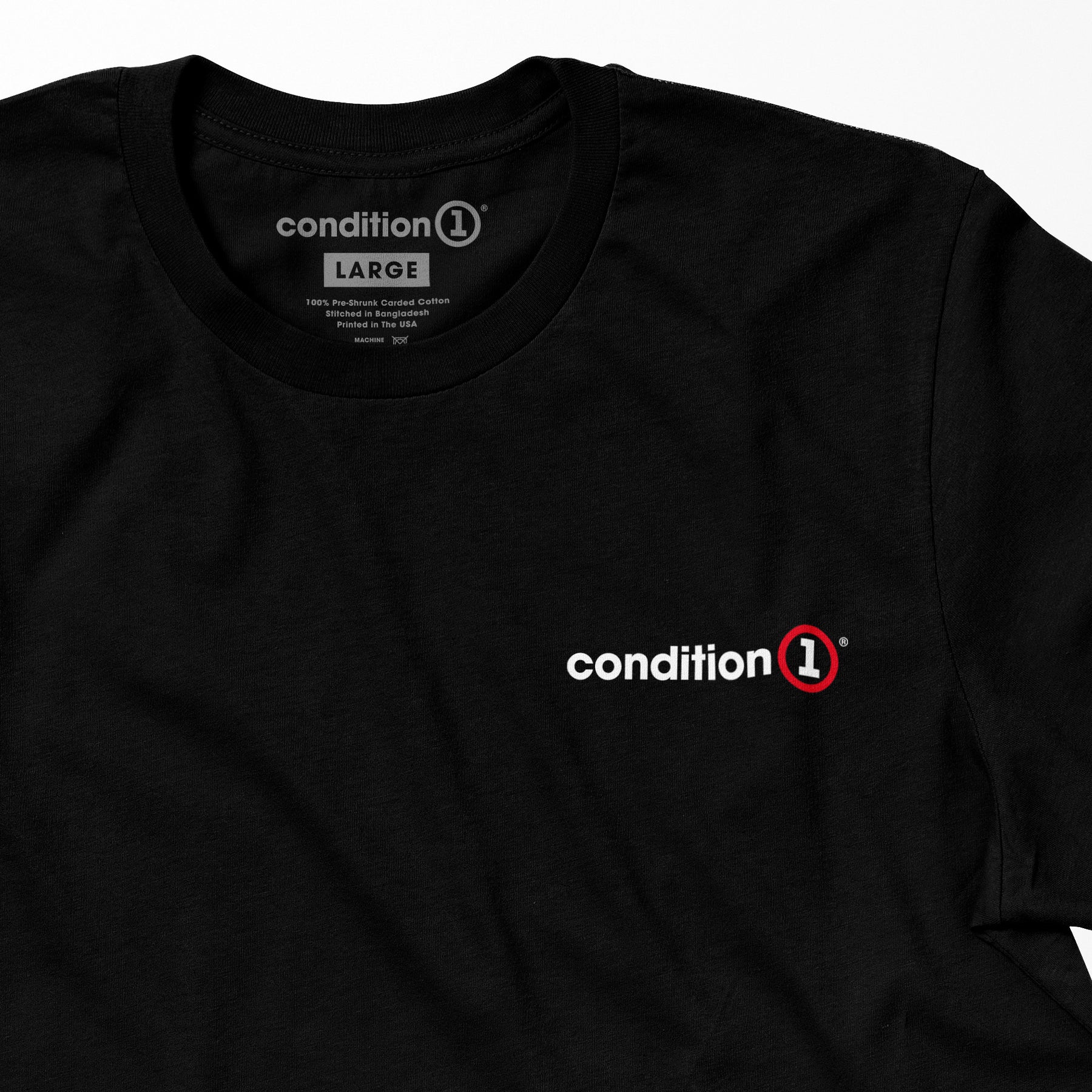 Black Texas Made T-shirt with "condition 1" logo printed on the chest in white and red.