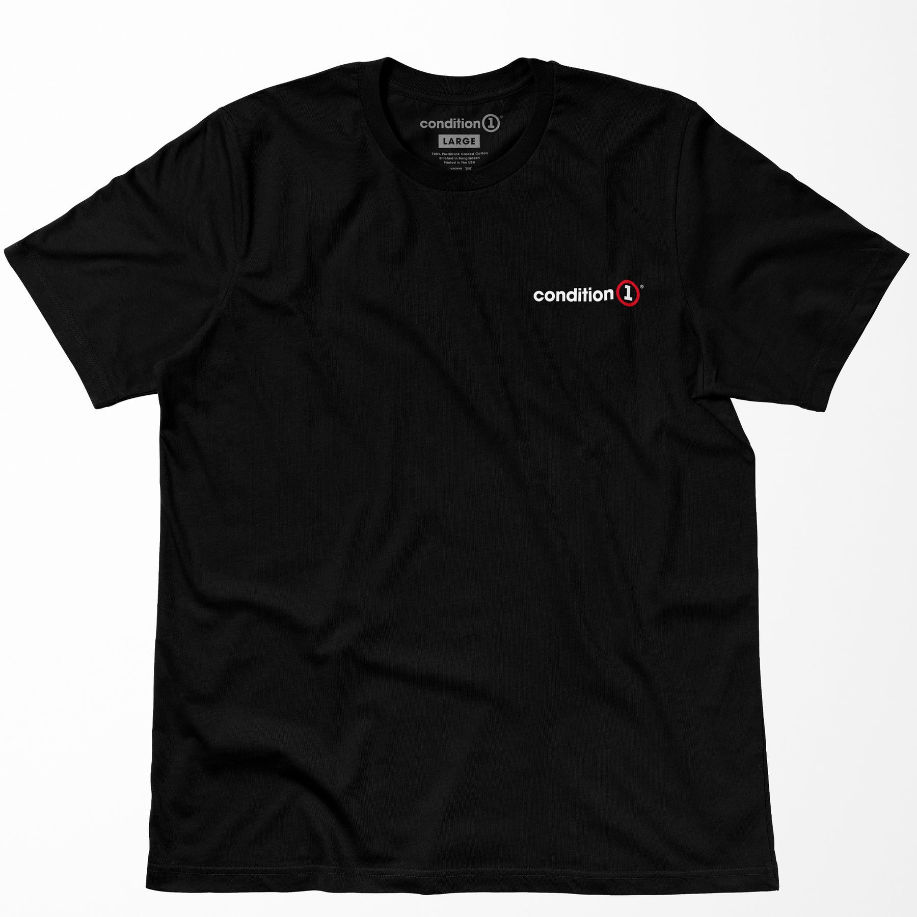 Black T-shirt with "condition 1" logo on the chest, featuring white text and a red circle around the number 1.
