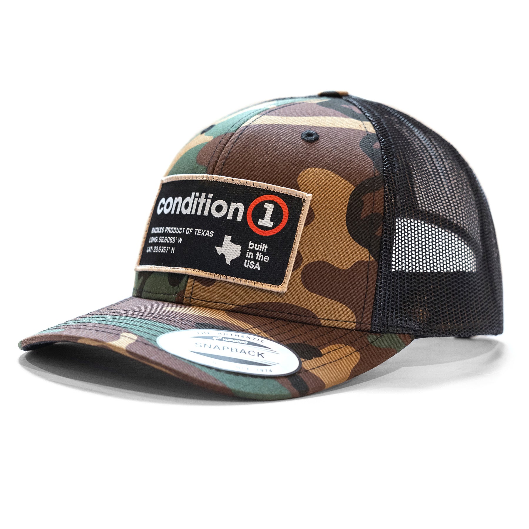 Camouflage snapback hat with a black mesh back, front patch reading "condition 1," and a curved brim.