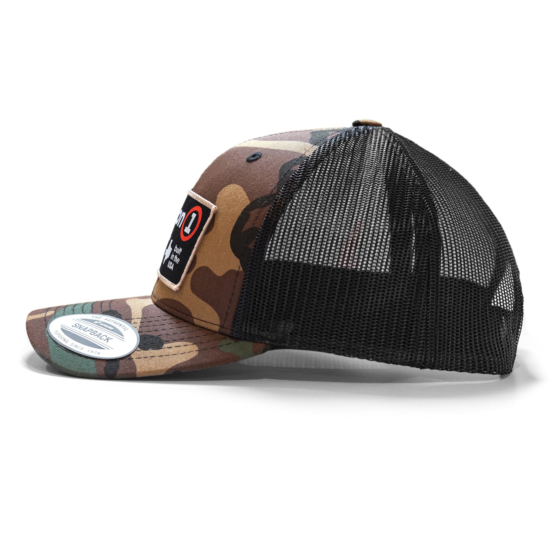 Camouflage snapback hat with a black mesh back, front patch, and adjustable strap, stylish and breathable for casual wear.