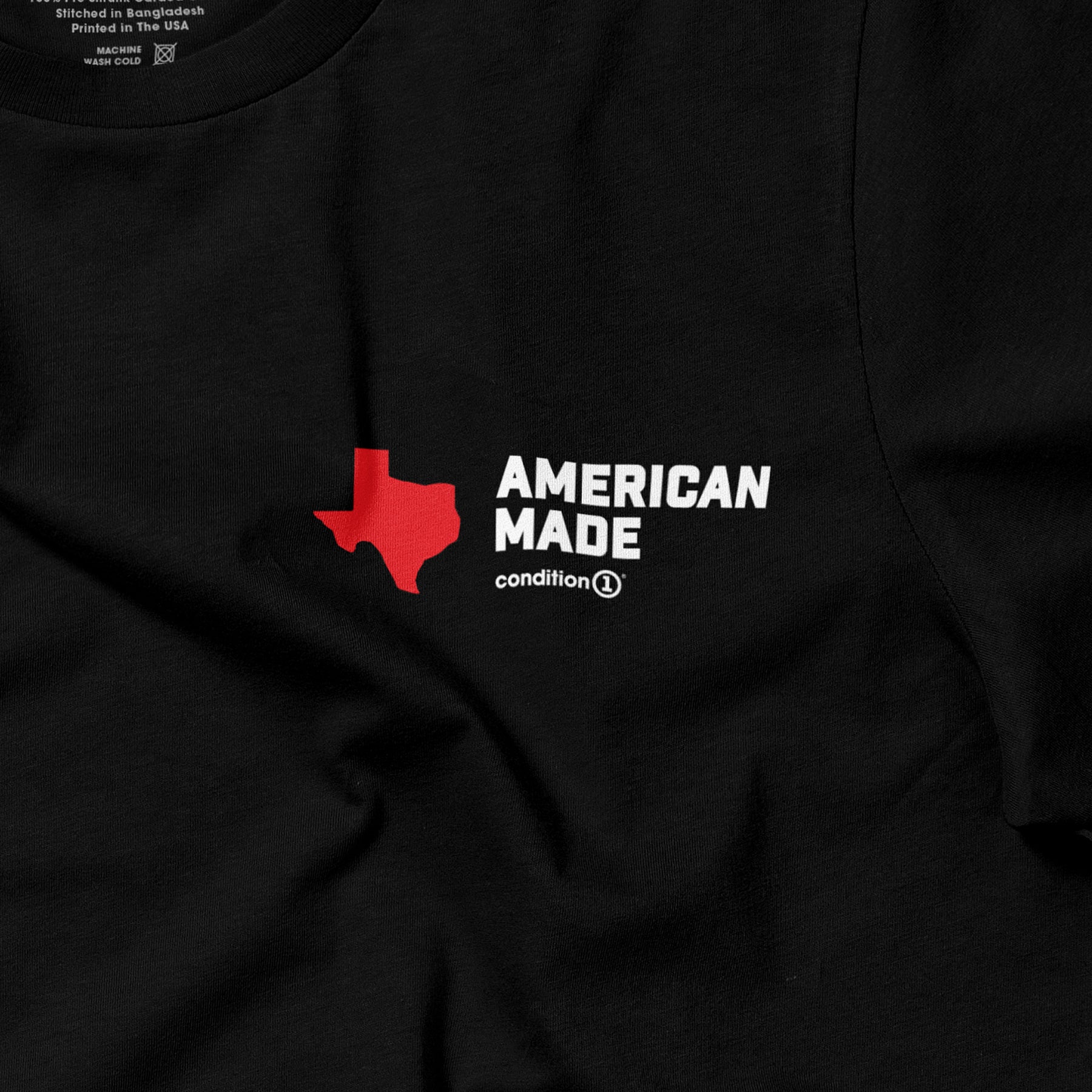 Black T-shirt with a red Texas outline and white text that reads "American Made" and "condition 1" underneath.