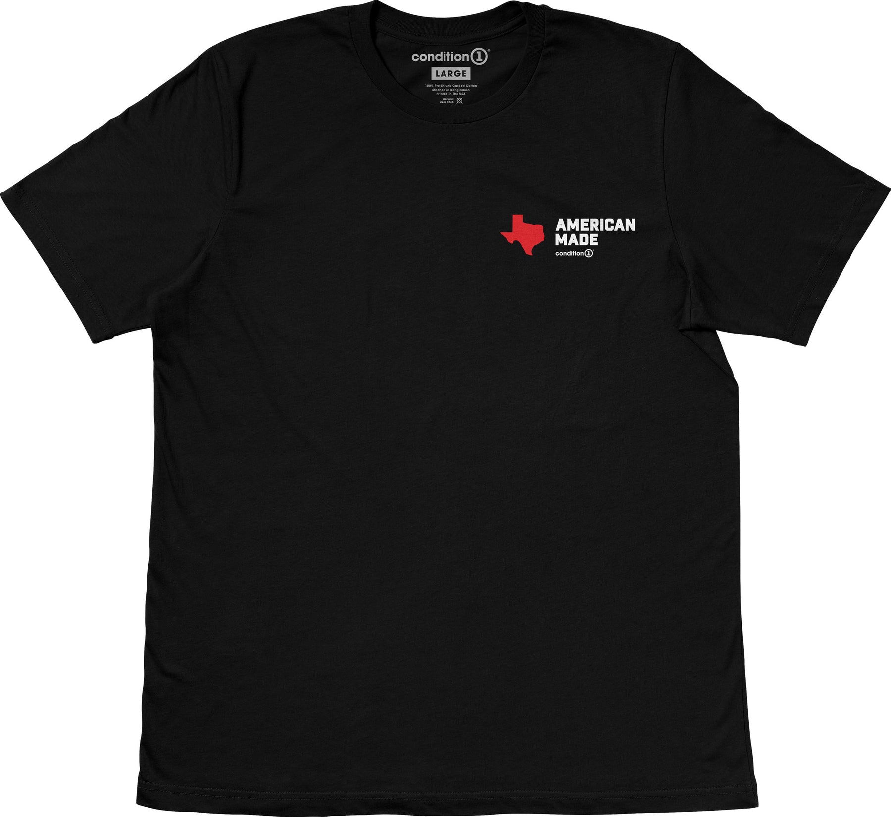 Black T-shirt with a red Texas outline and white text reading "AMERICAN MADE" on the front, size large, from The One Tee collection.