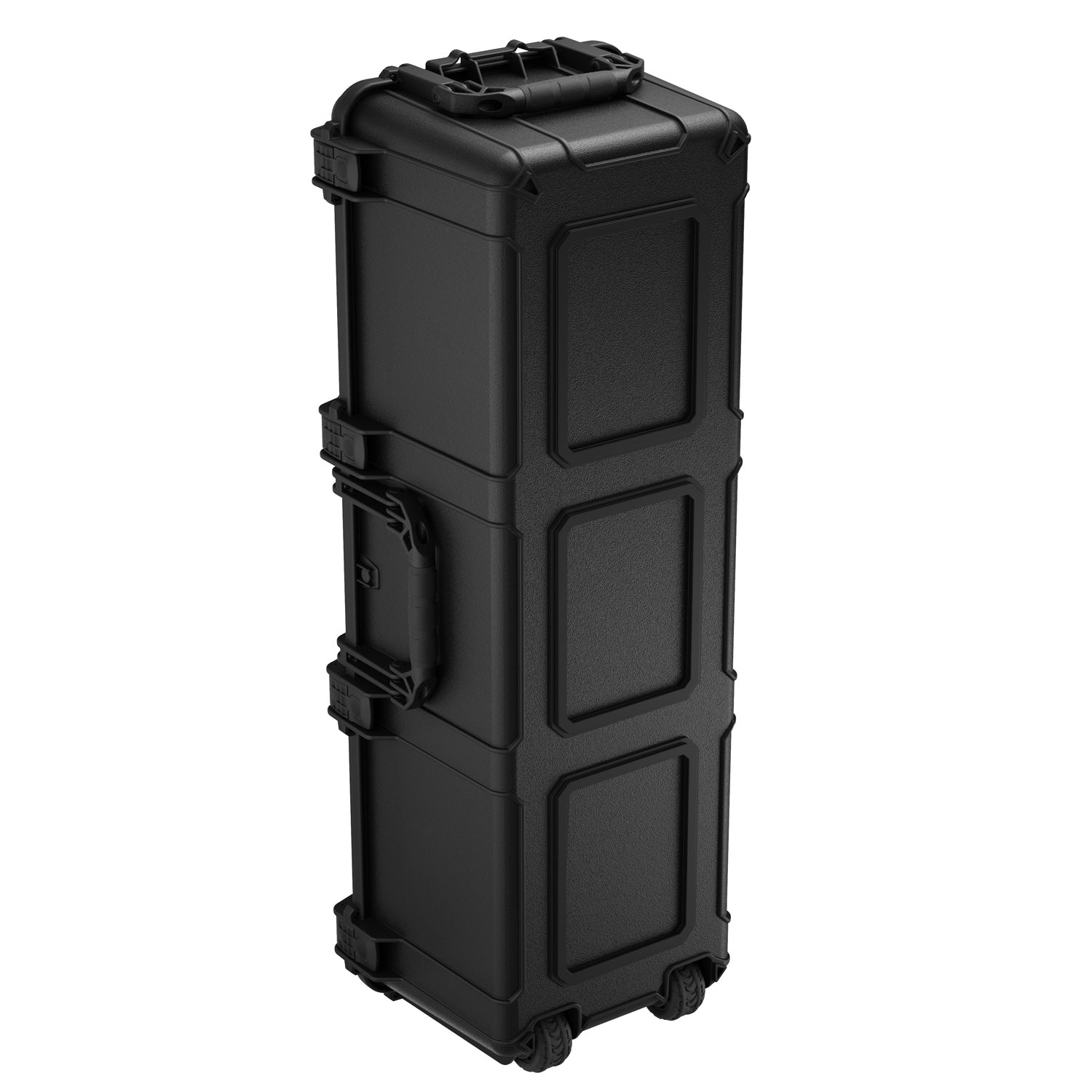 Black 45-inch long storage trunk with wheels, handles, and reinforced edges, ideal for secure travel or equipment storage.