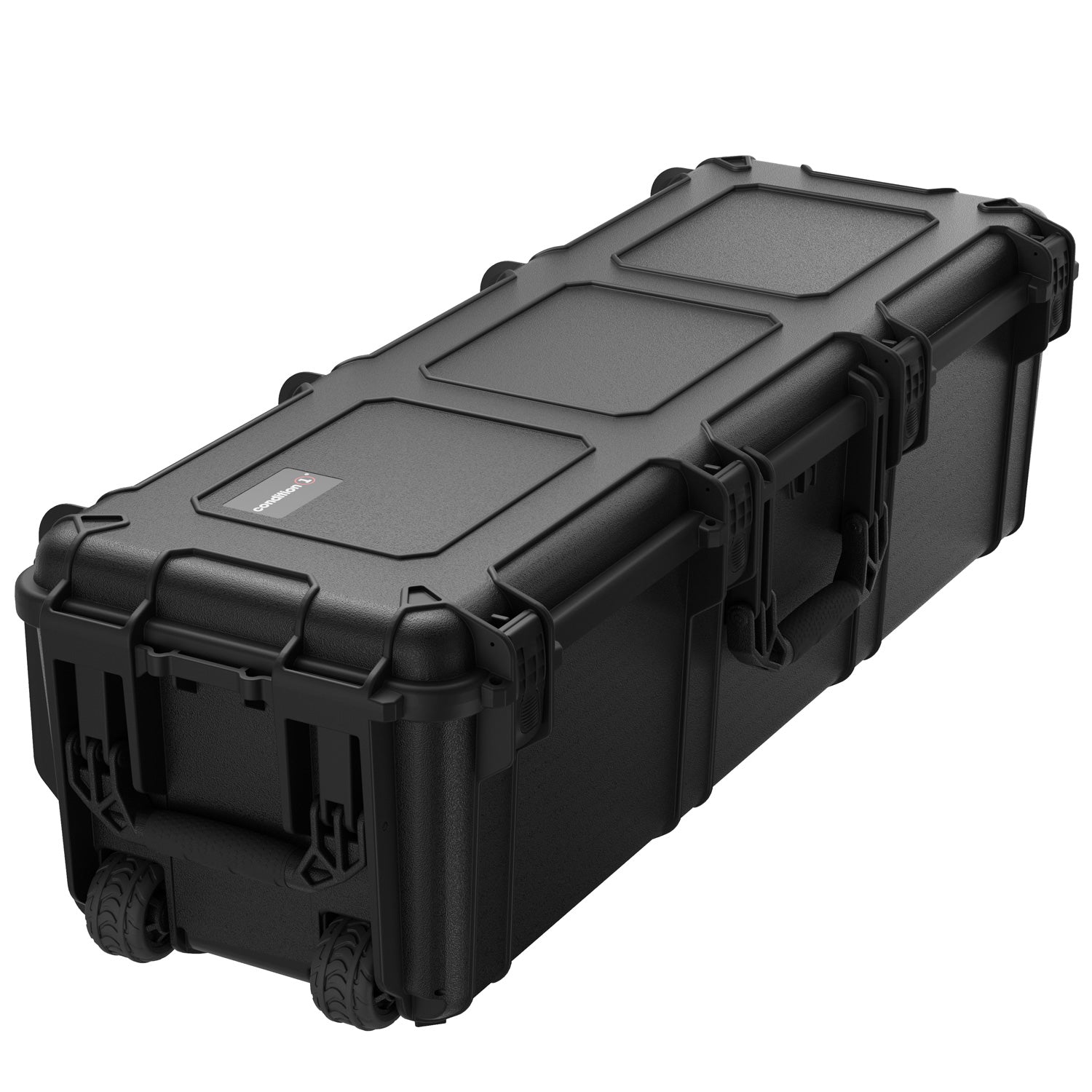 Black 45-inch long, heavy-duty protective storage trunk with wheels, handles, and secure latches for durable transport.