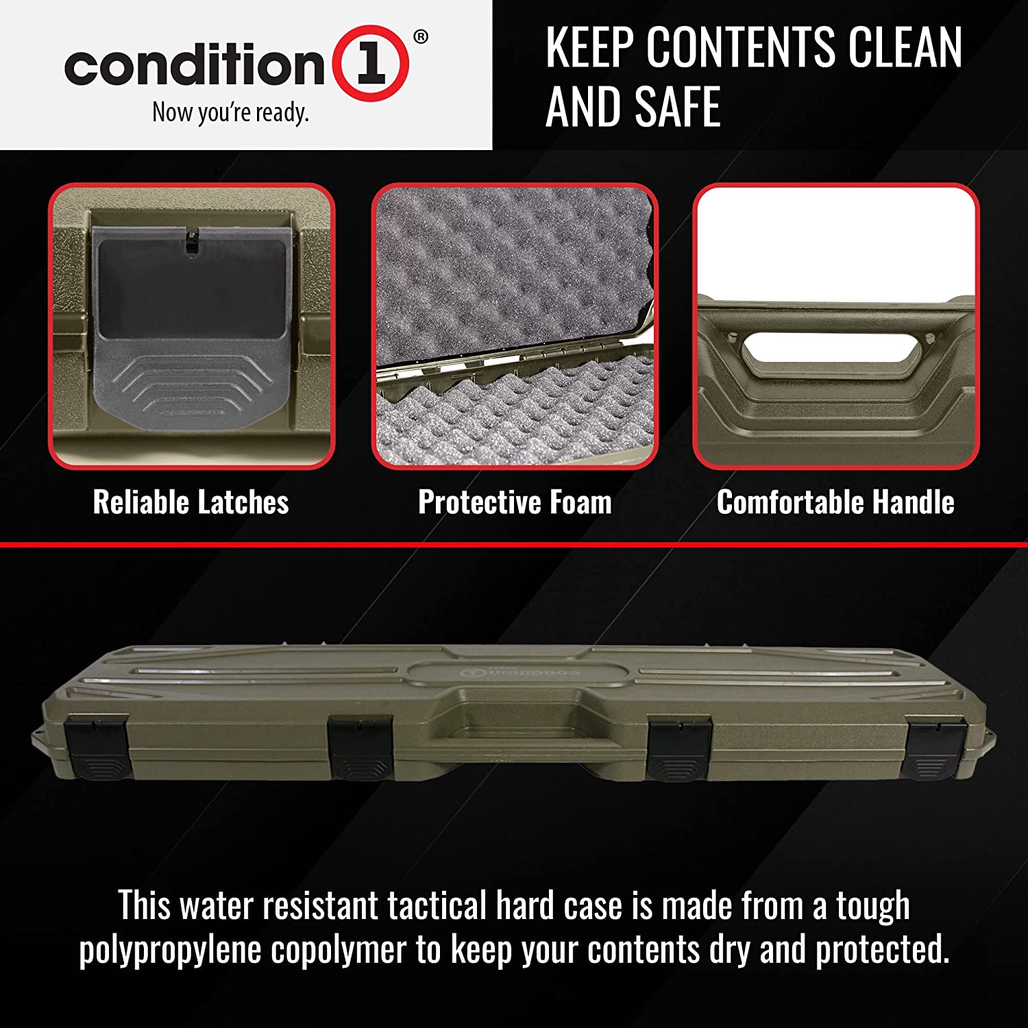 42" olive green tactical hard case with black latches, foam interior, and a comfortable handle, designed to keep contents dry and protected.