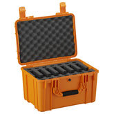 Orange 18-inch hard pistol case opened to reveal foam inserts for holding up to 7 pistols, featuring sturdy latches and durable exterior.