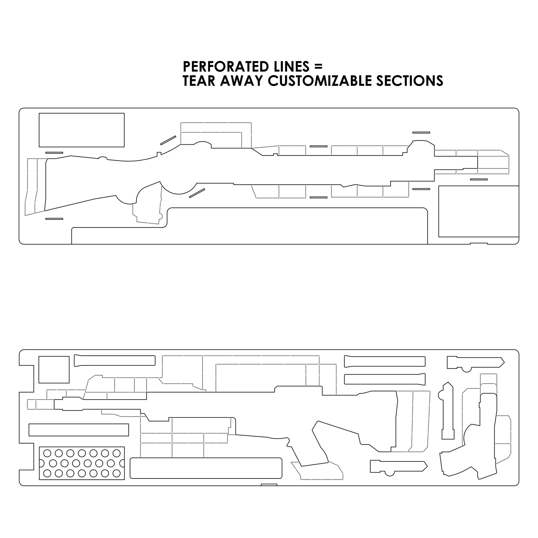Outline of a 55-inch, three-gun case with perforated lines for customizable sections, designed for secure firearm storage.