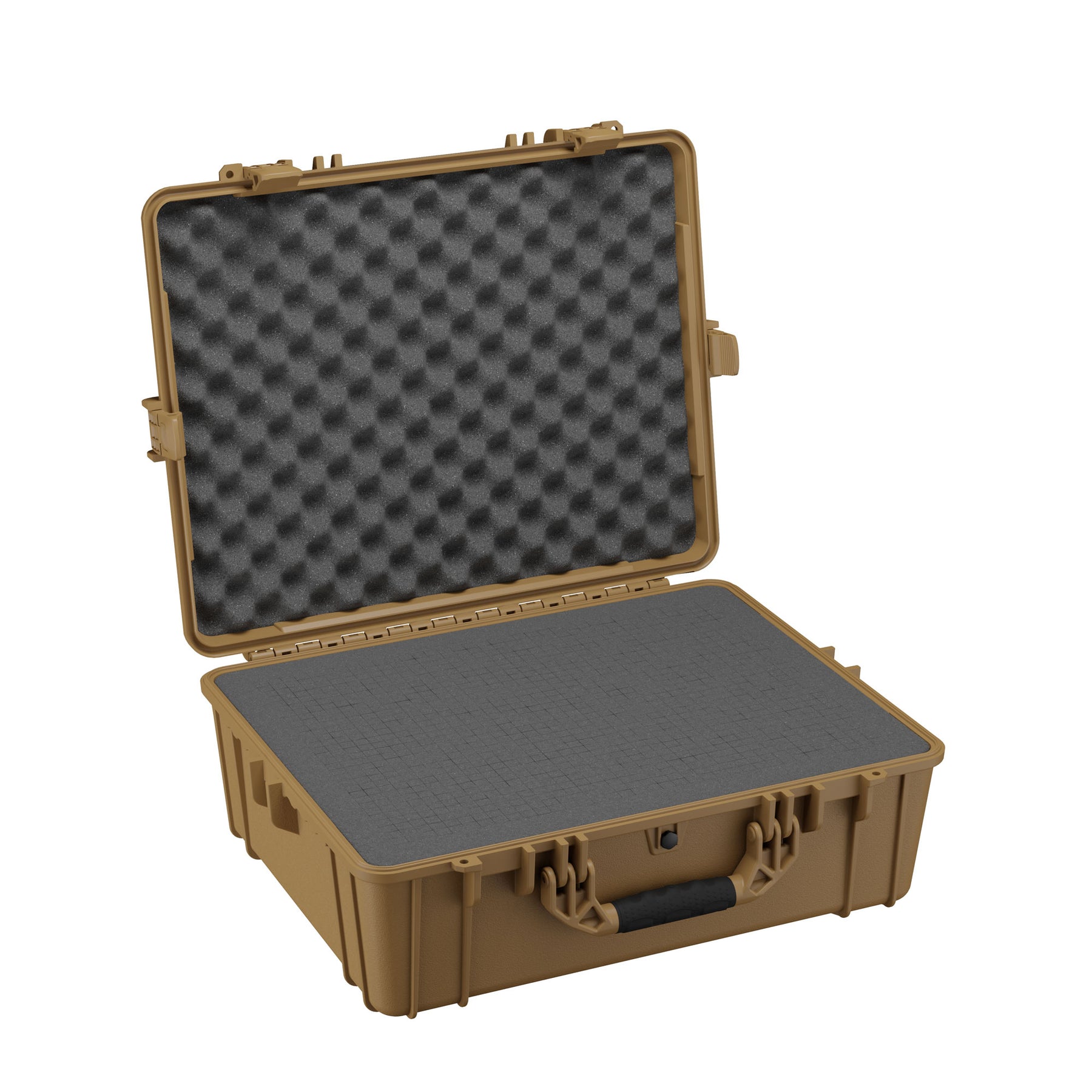 Alt text: "Open 25-inch large protective case in tan with foam inserts. The case features robust latches, a reinforced exterior, and a pre-cut foam lining in the lid and base for secure storage of equipment."