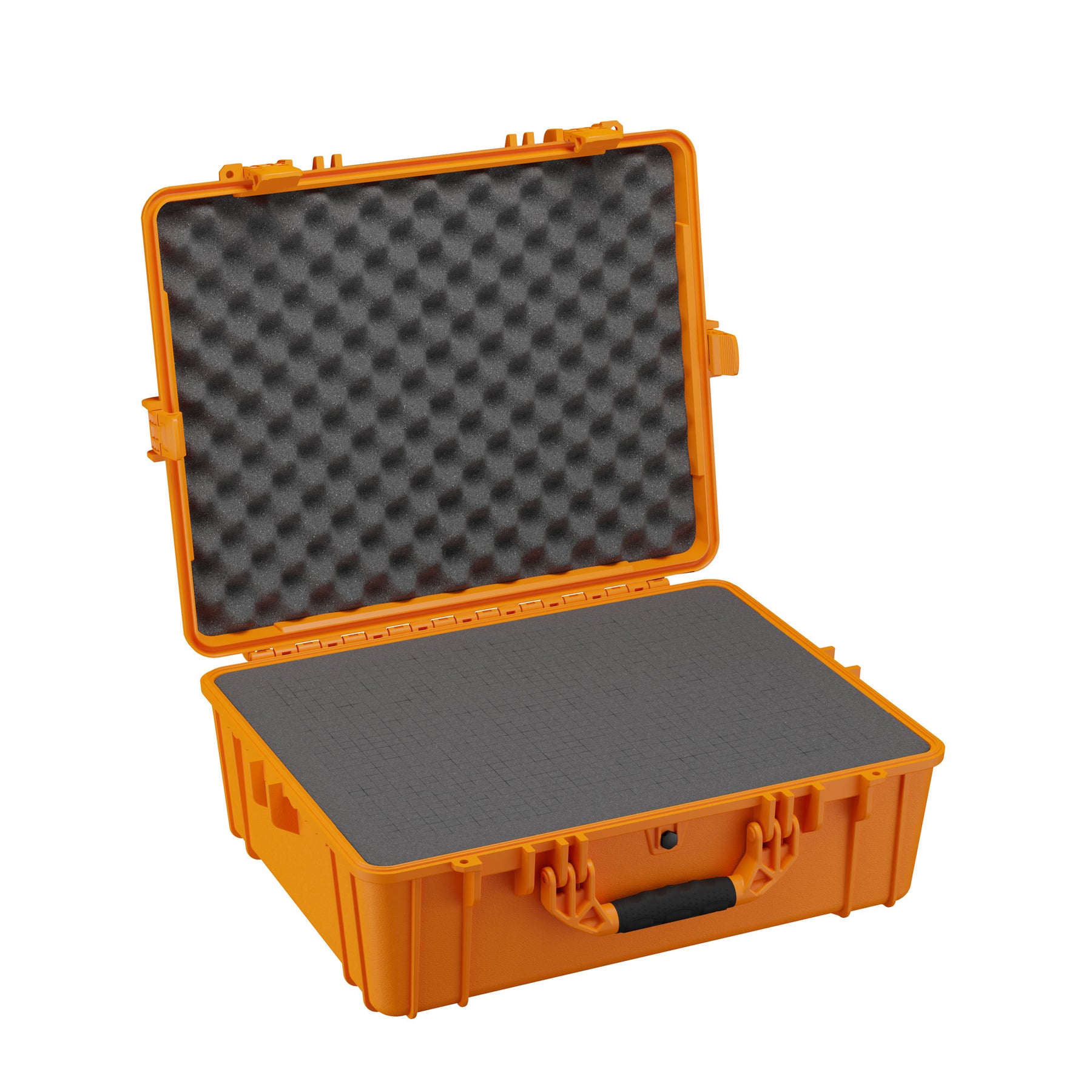 Alt text: "Bright orange, 25-inch large protective hard case opened to display its foam-padded interior, featuring egg carton foam in the lid and a flat foam layer in the base, designed for securing fragile items."