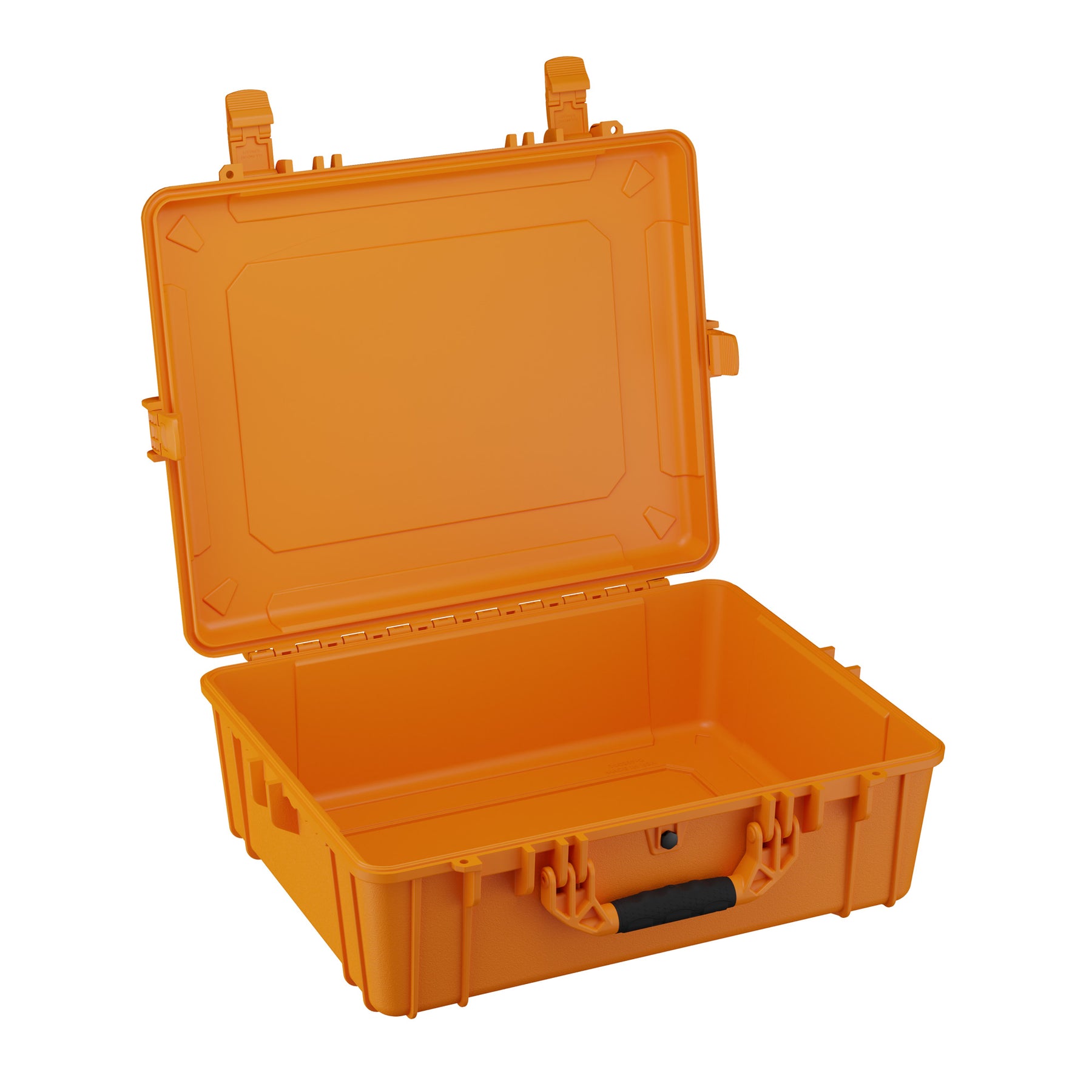 Alt text: "Open 25-inch large orange hard case with sturdy handles and secure latches, model number 839, ideal for storing and protecting equipment."