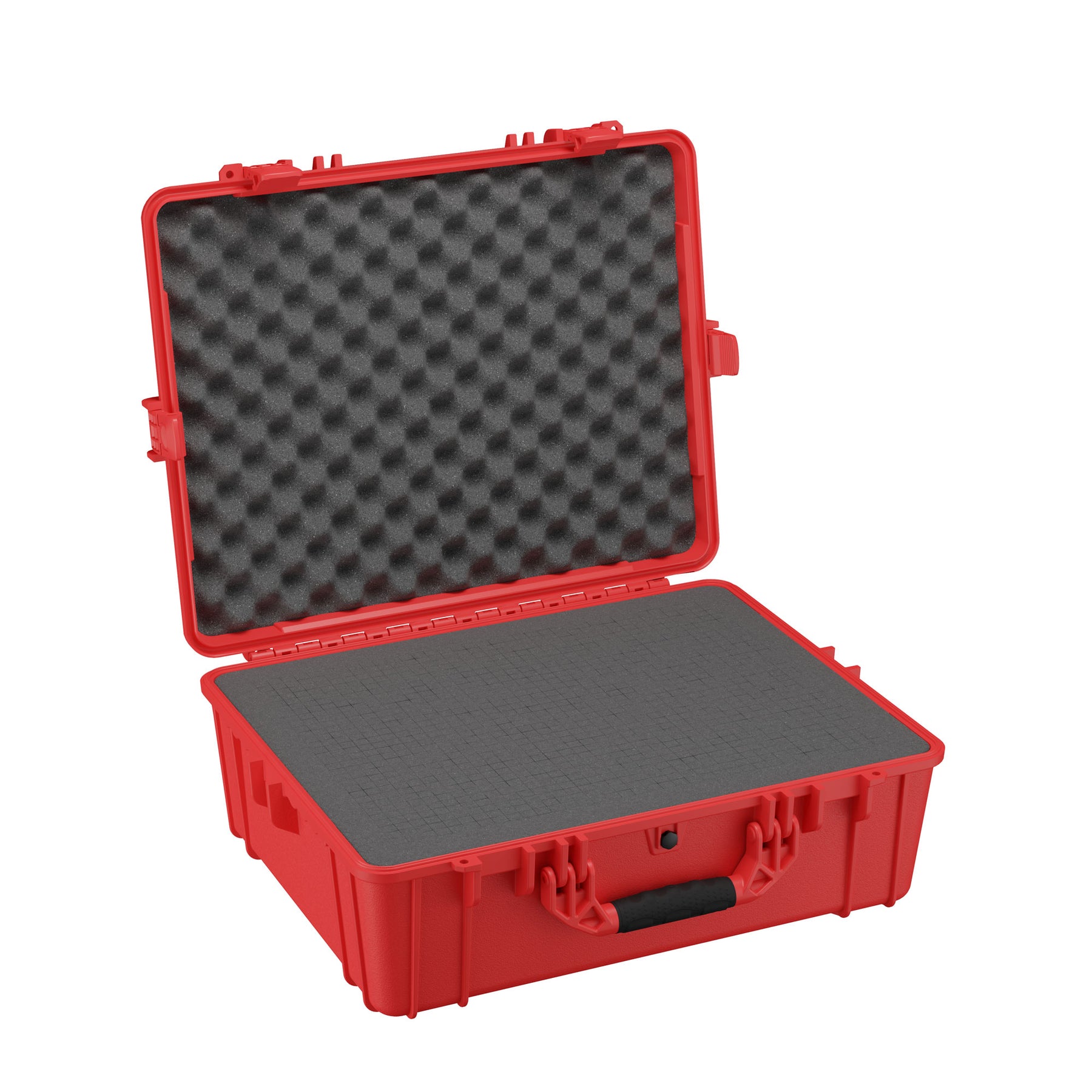 Red hard protective case opened to show foam interior, featuring egg-crate foam on the lid and a flat foam layer on the bottom; visible rugged handles and latches.