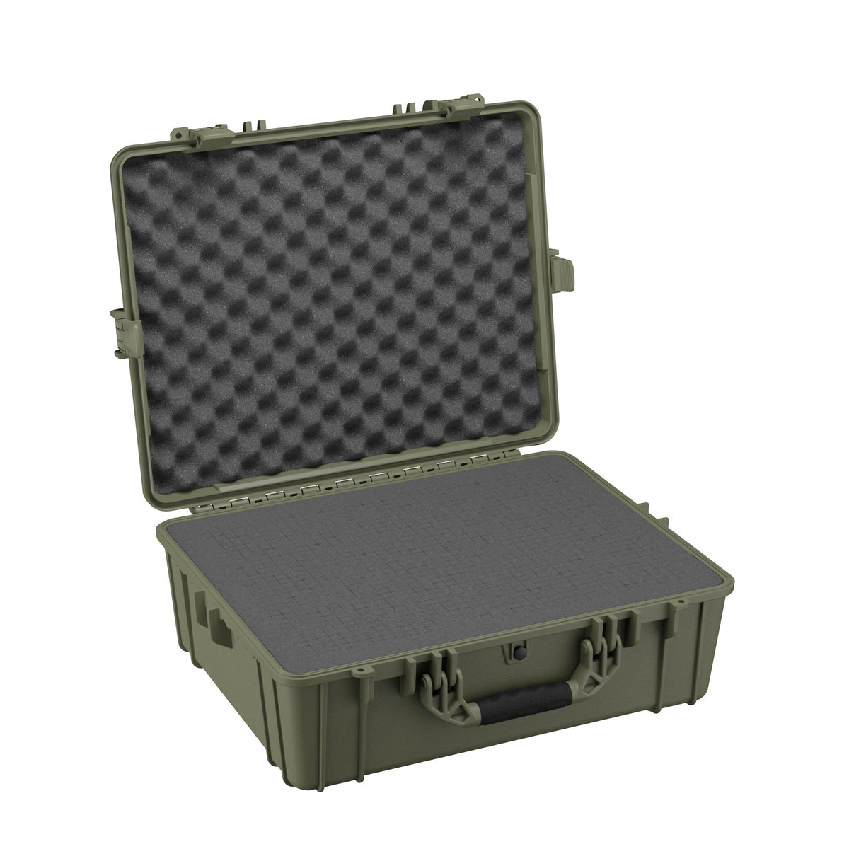 Alt text: "Open 25-inch large protective case with foam interior, #839, in olive green color, featuring sturdy latches and a handle, suitable for secure storage and transport of sensitive equipment."