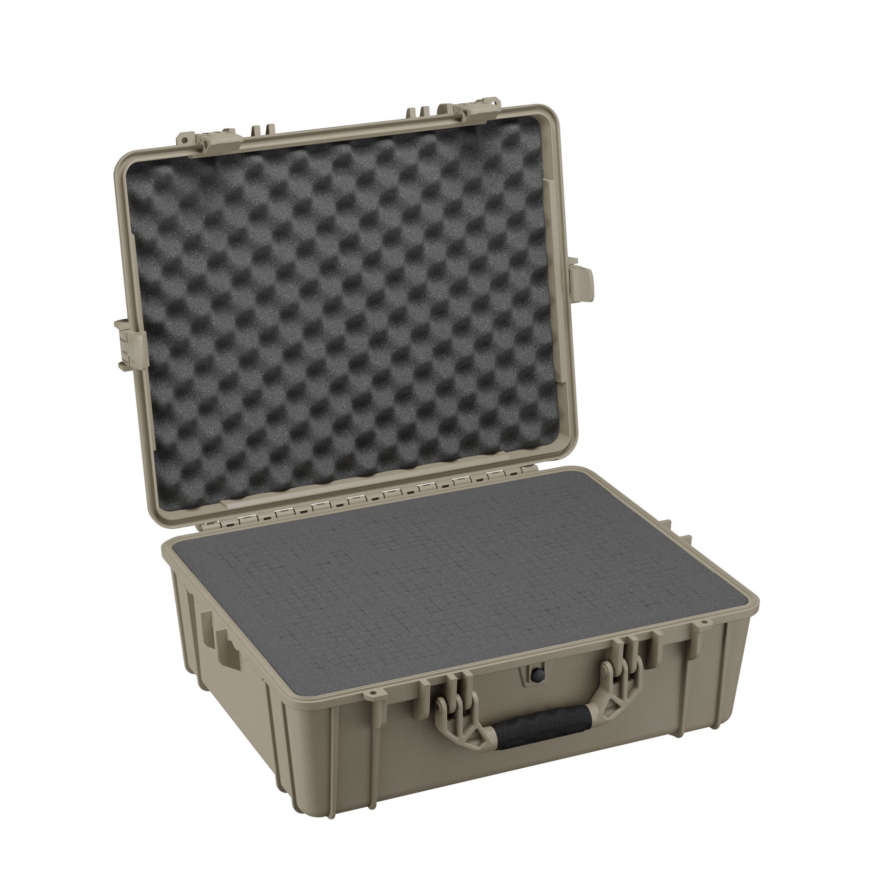 Alt text: "Open 25-inch large protective case in olive green with egg-crate foam lined interior lid and flat foam bottom, featuring durable latches and handle for secure transport."