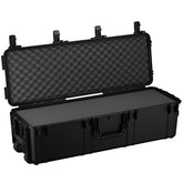 Black 45-inch long protective travel trunk with foam padding and four locking latches, open to show interior storage.