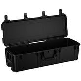 Black 45-inch long storage trunk with wheels, handle, and secure latch, open to show spacious interior.