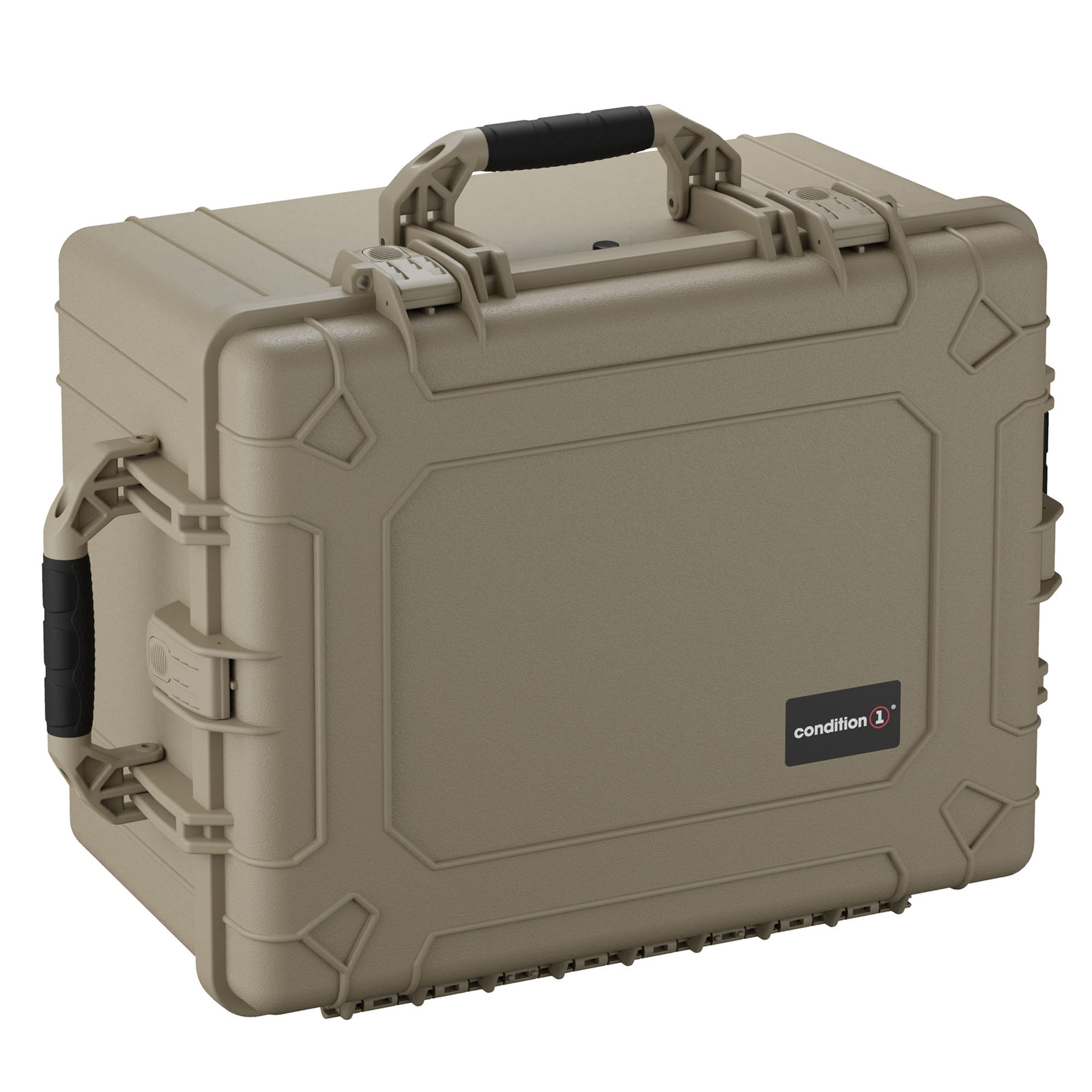 Alt text: A 25-inch large, robust desert tan protective case branded with "Condition 1," featuring heavy-duty latches, a reinforced handle, and stackable design, suitable for secure storage and transportation of sensitive equipment.