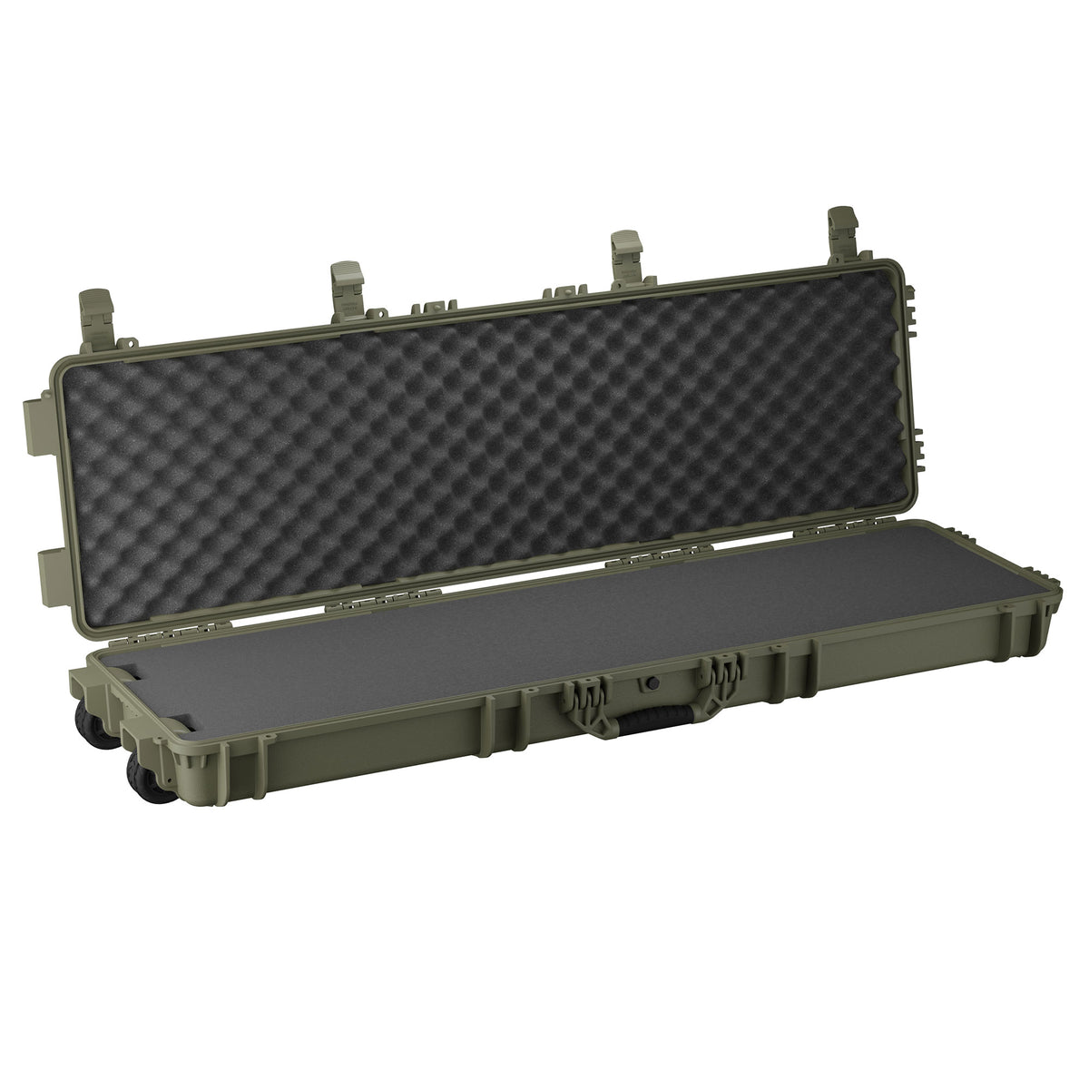 Open 55-inch long, olive green protective case with foam padding and egg crate foam interior for secure storage.