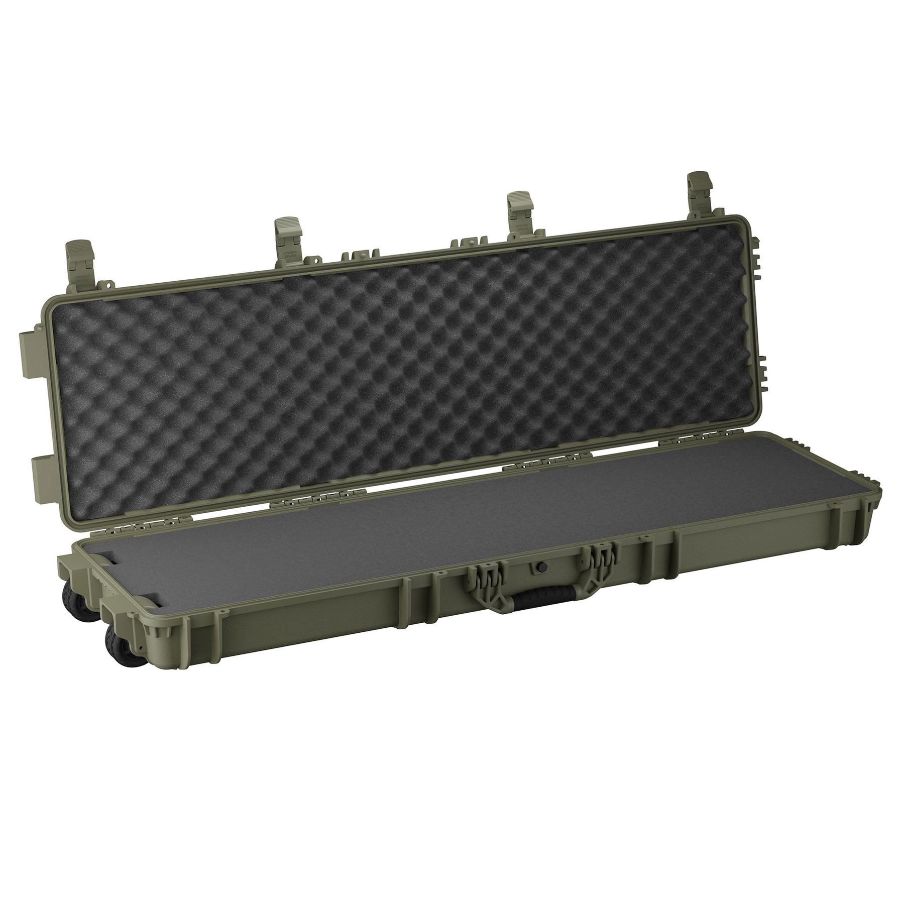Open 55-inch long, olive green protective case with foam padding and egg crate foam interior for secure storage.