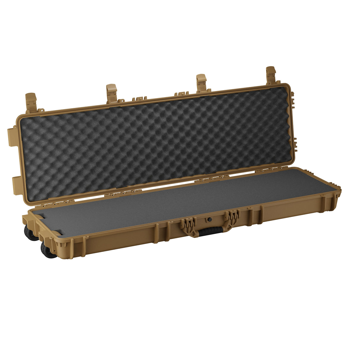 Open tan hard case with foam padding, designed for a 55-inch long item, with secure latches and wheels for transport.
