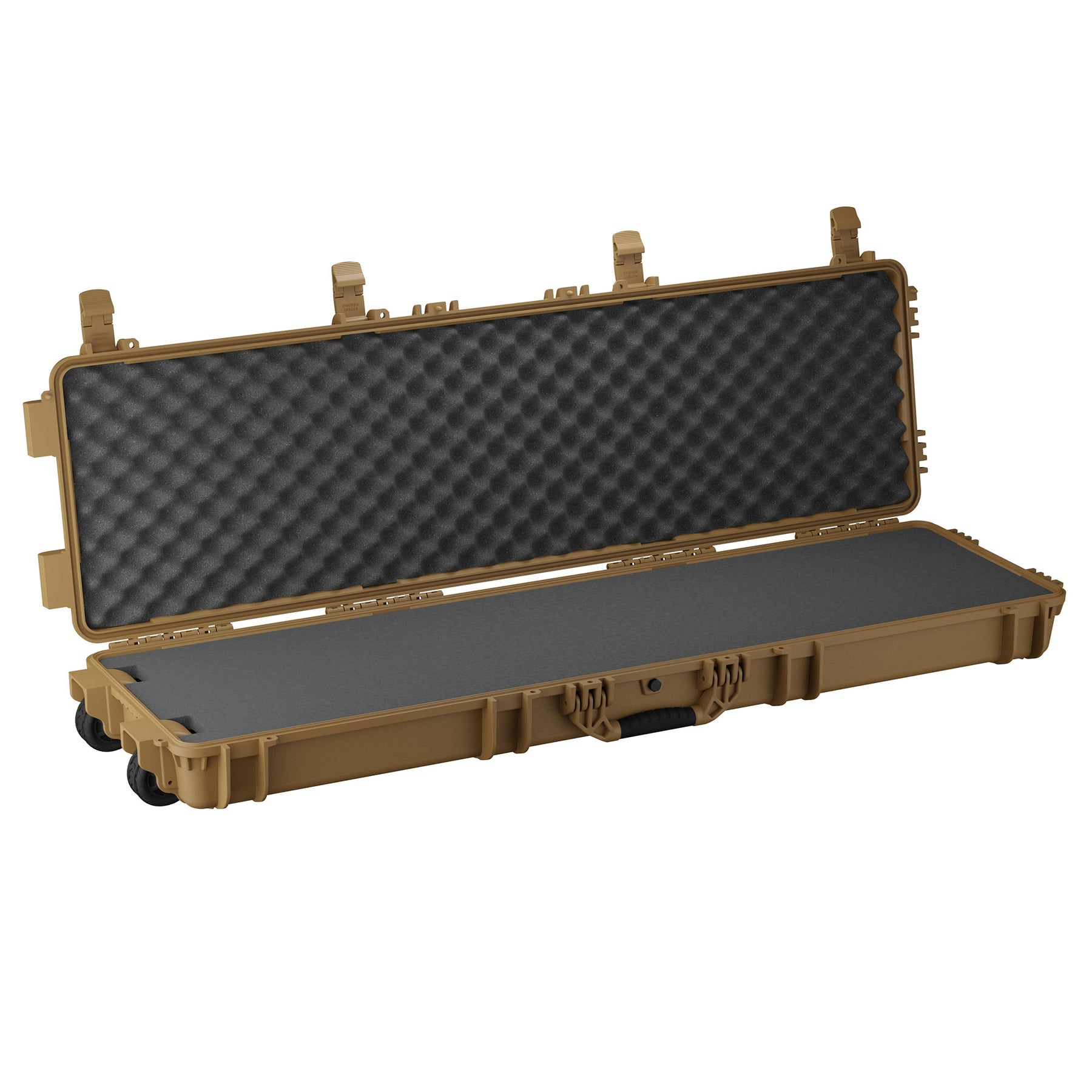 Open tan hard case with foam padding, designed for a 55-inch long item, with secure latches and wheels for transport.