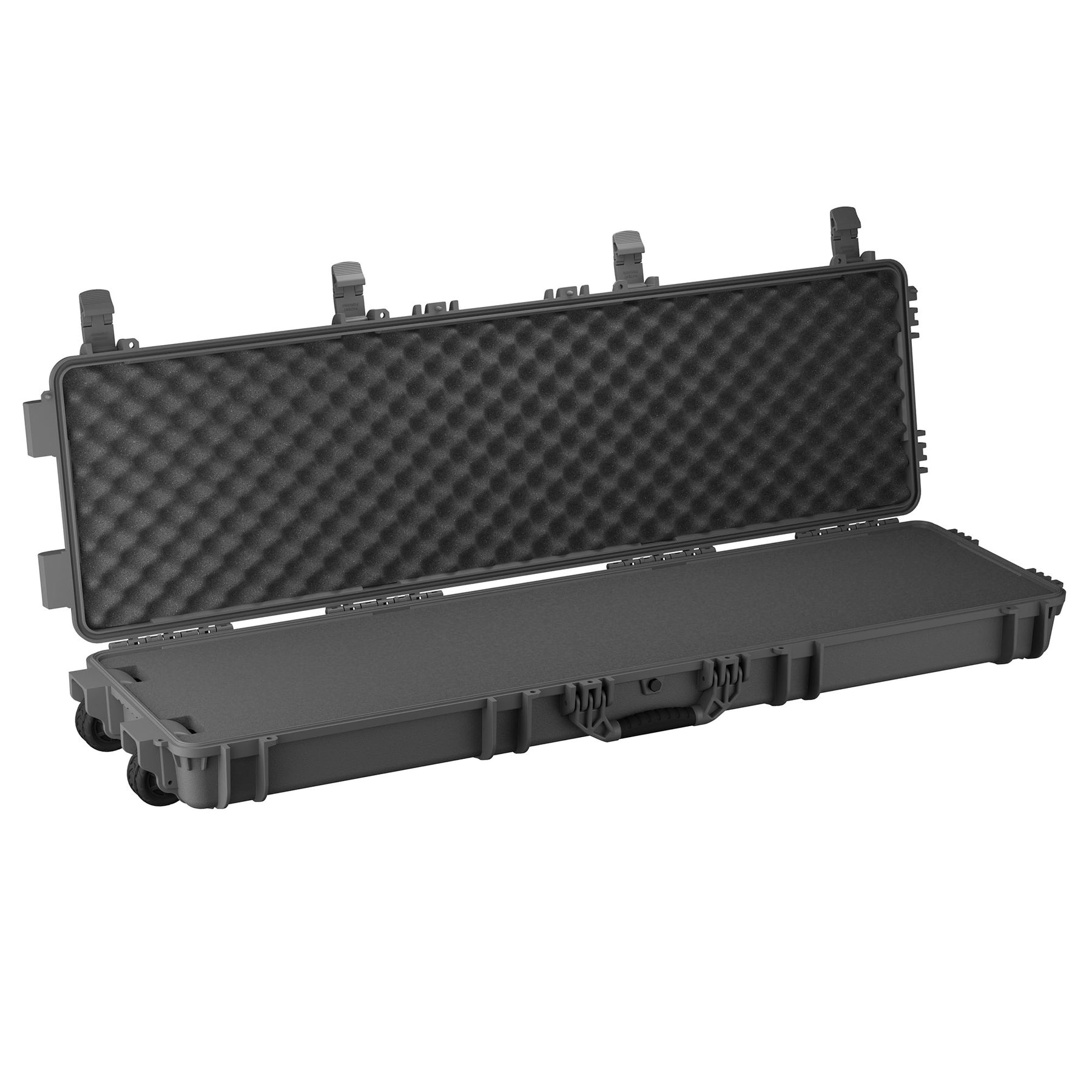 Open 55-inch long protective case with foam padding and secure latches, designed for safe transport of large items.