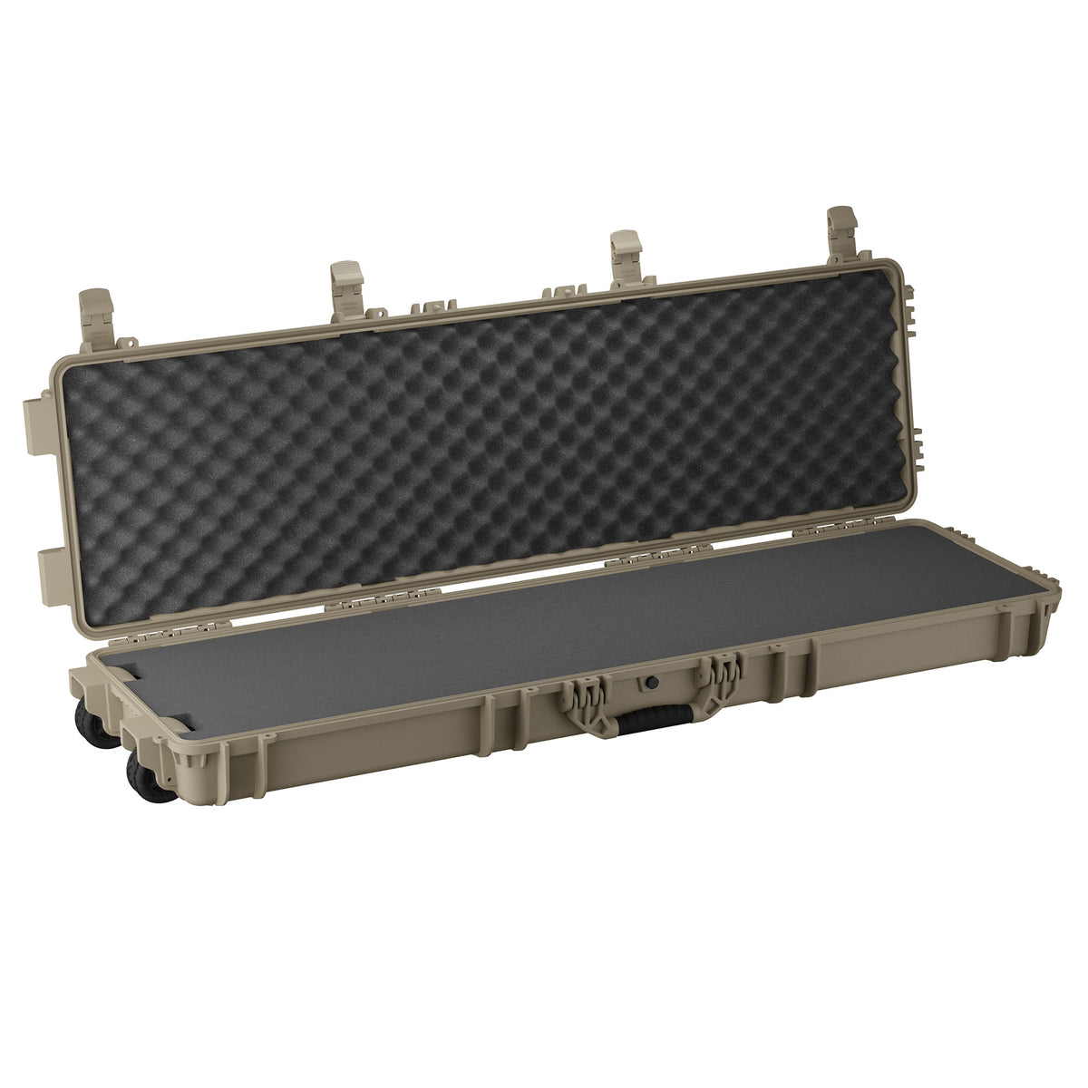 Open tan 55-inch long protective case with foam padding and foam-lined lid, designed for secure transport of equipment.