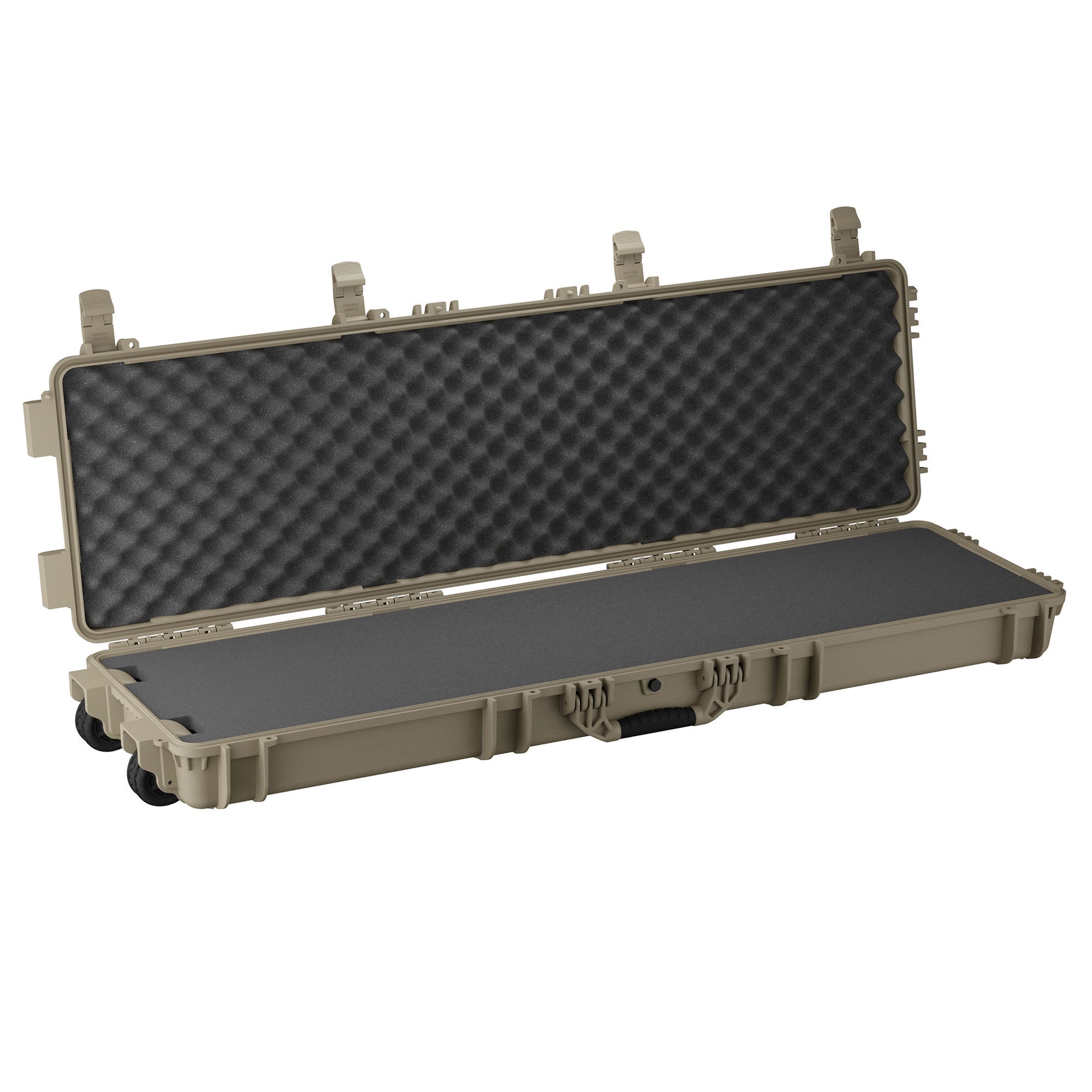 Open tan 55-inch long protective case with foam padding and foam-lined lid, designed for secure transport of equipment.