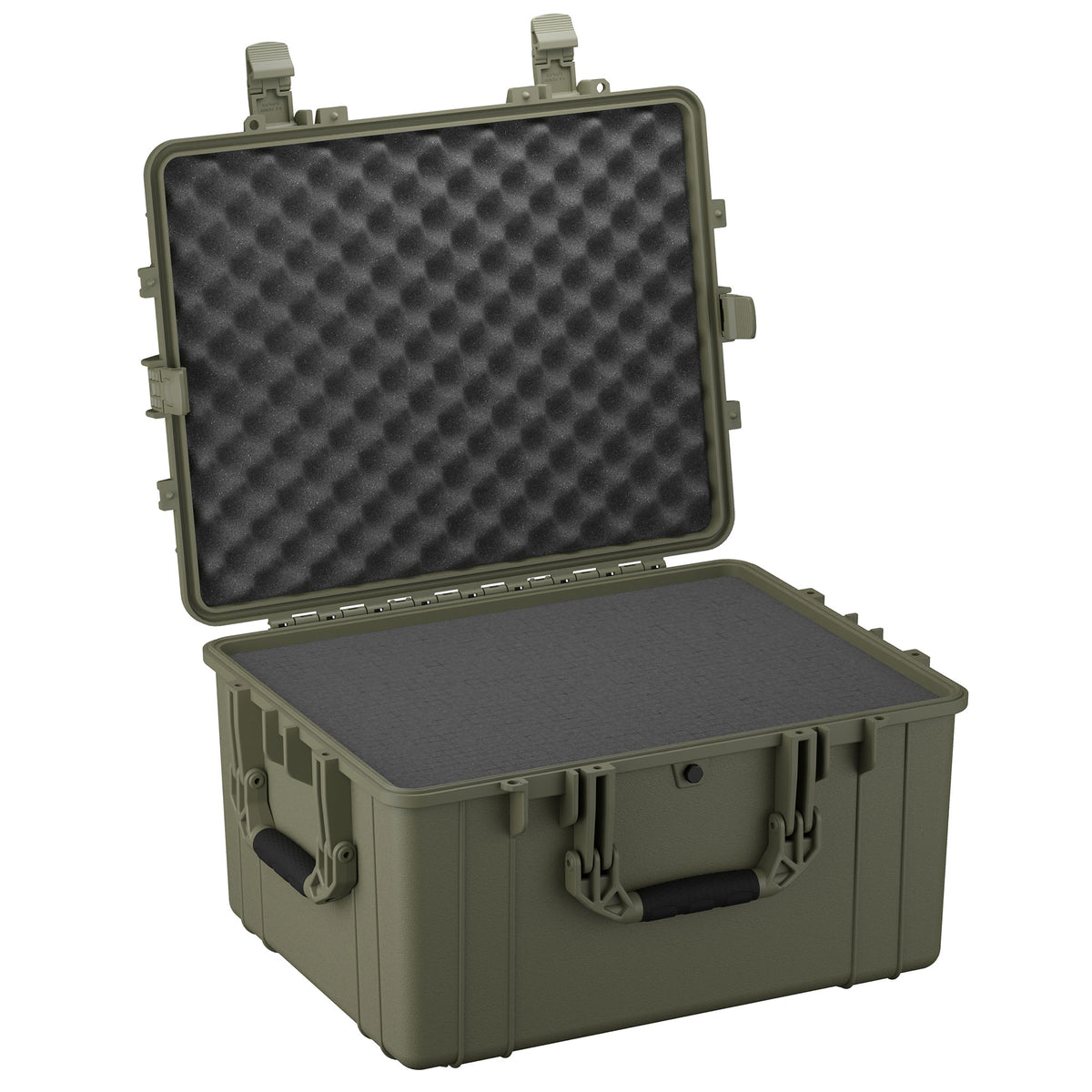 Alt text: "25-inch large olive green protective case with sturdy handle, dual latching system, and egg-carton foam interior, open and viewed from the front."