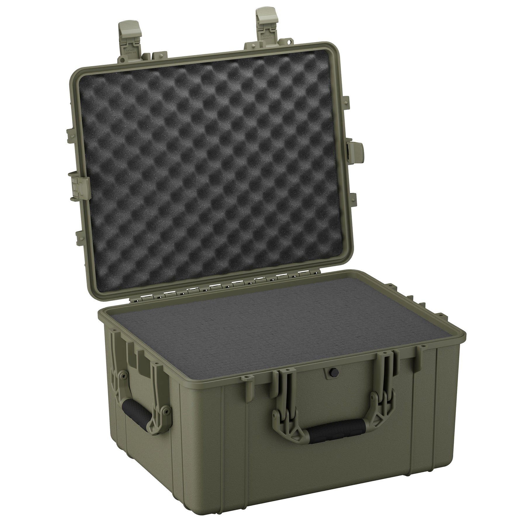 Alt text: "25-inch large olive green protective case with sturdy handle, dual latching system, and egg-carton foam interior, open and viewed from the front."
