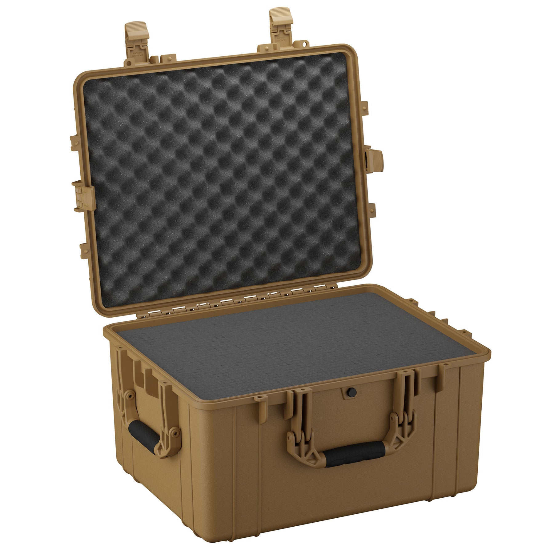 Alt text: "Open 25-inch large sturdy tan case with dual sturdy latches and foam interior. The case is designed for safe storage and transport of delicate items, featuring a convoluted foam padding on the inside of the lid and a flat