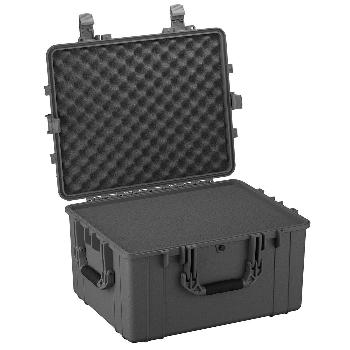 Alt Text: "Large 25-inch protective hard case in dark gray, shown open with one lid standing upright revealing a dense foam interior. Features sturdy latches and reinforced corners designed for durability and secure transport."