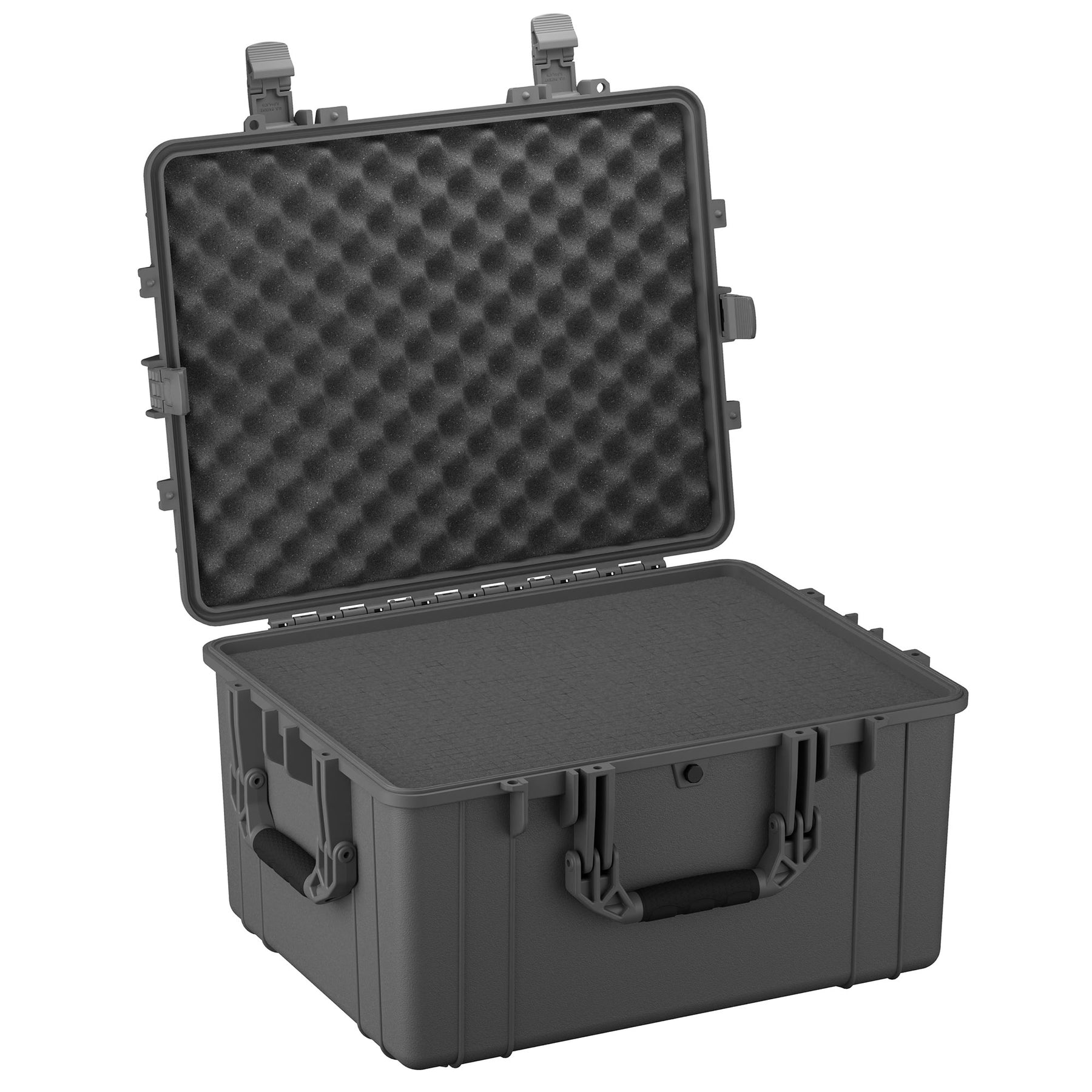 Alt Text: "Large 25-inch protective hard case in dark gray, shown open with one lid standing upright revealing a dense foam interior. Features sturdy latches and reinforced corners designed for durability and secure transport."