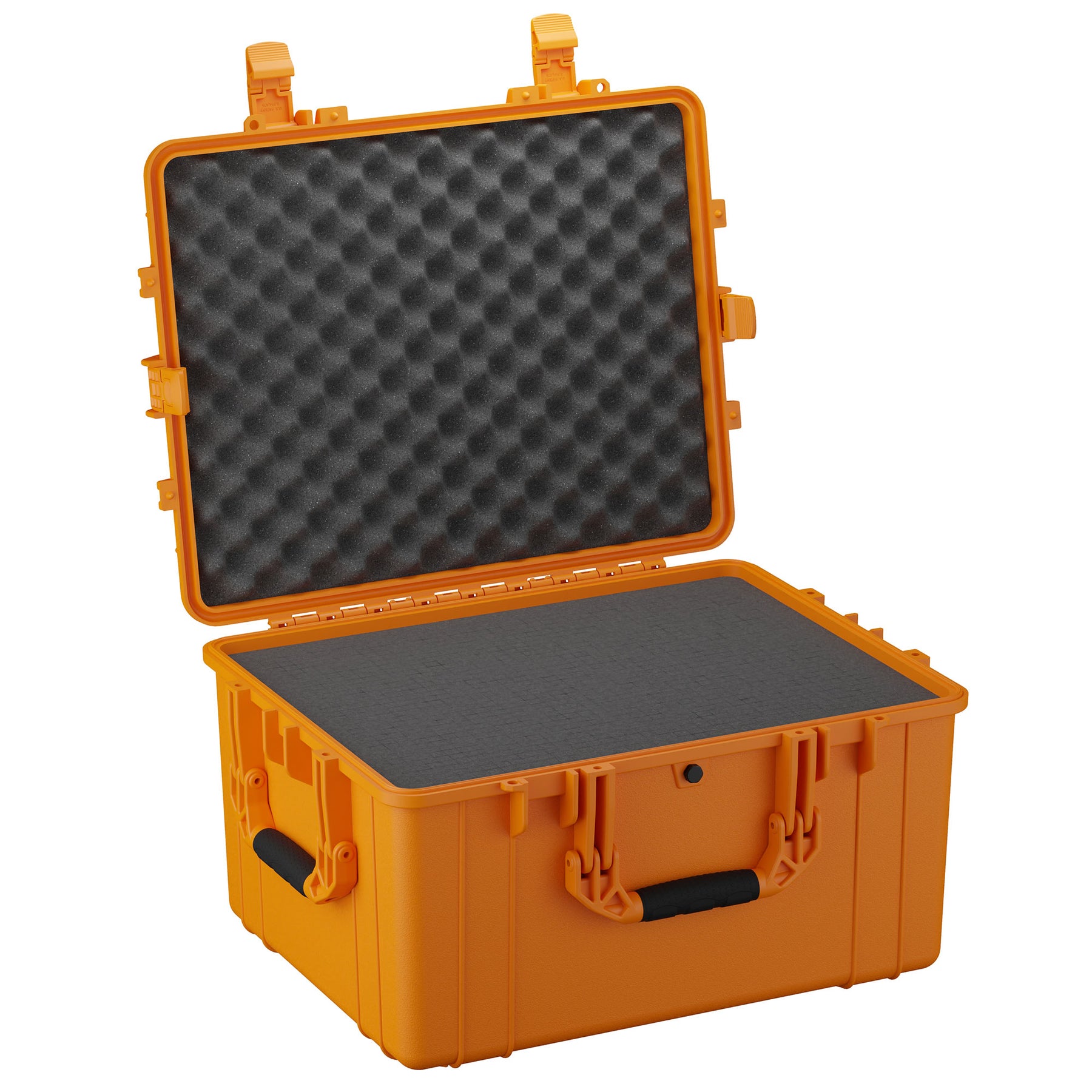Alt text: "Large 25-inch orange protective case with open lid, showcasing internal foam padding on both base and lid, featuring dual locking clasps and side handles."