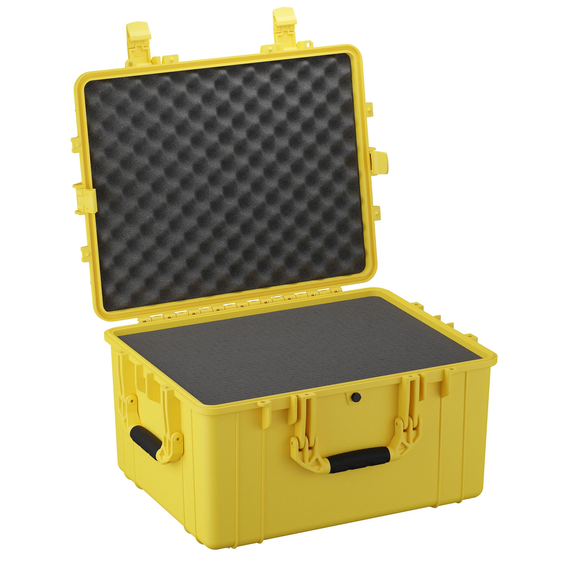 Alt text: "Open large yellow protective case, 25 inches, with foam interior, featuring secure latches and sturdy handle, ideal for sensitive equipment."