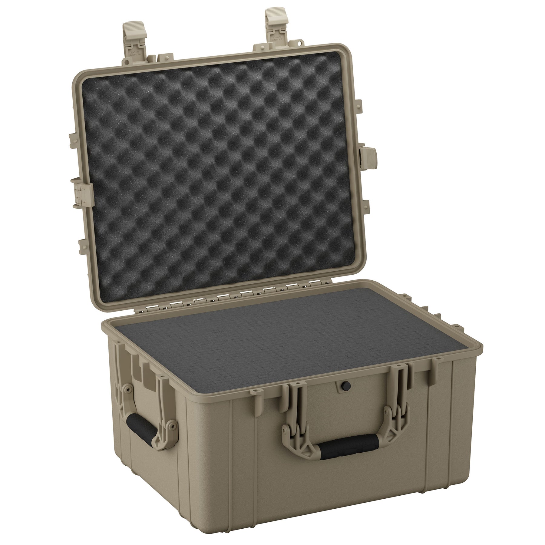 Alt text: "Open 25-inch large protective hard case in tan, featuring rugged exterior with dual locking clasps and a black foam interior with a wave-patterned lid padding for cushioning and protection of contents."