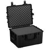 Alt text: "25-inch large black protective case with open lid, featuring a rugged exterior, dual locking clasps, and foam-lined interior for secure storage of items."