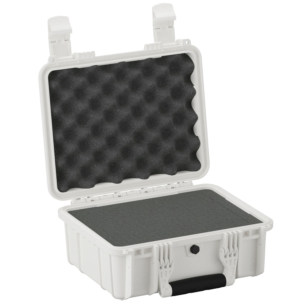 Alt text: "Open 14-inch medium-sized protective hard case in white with a foam-lined interior, featuring a convoluted foam on the lid and a flat foam in the base, durable locking clasps, and a handle."